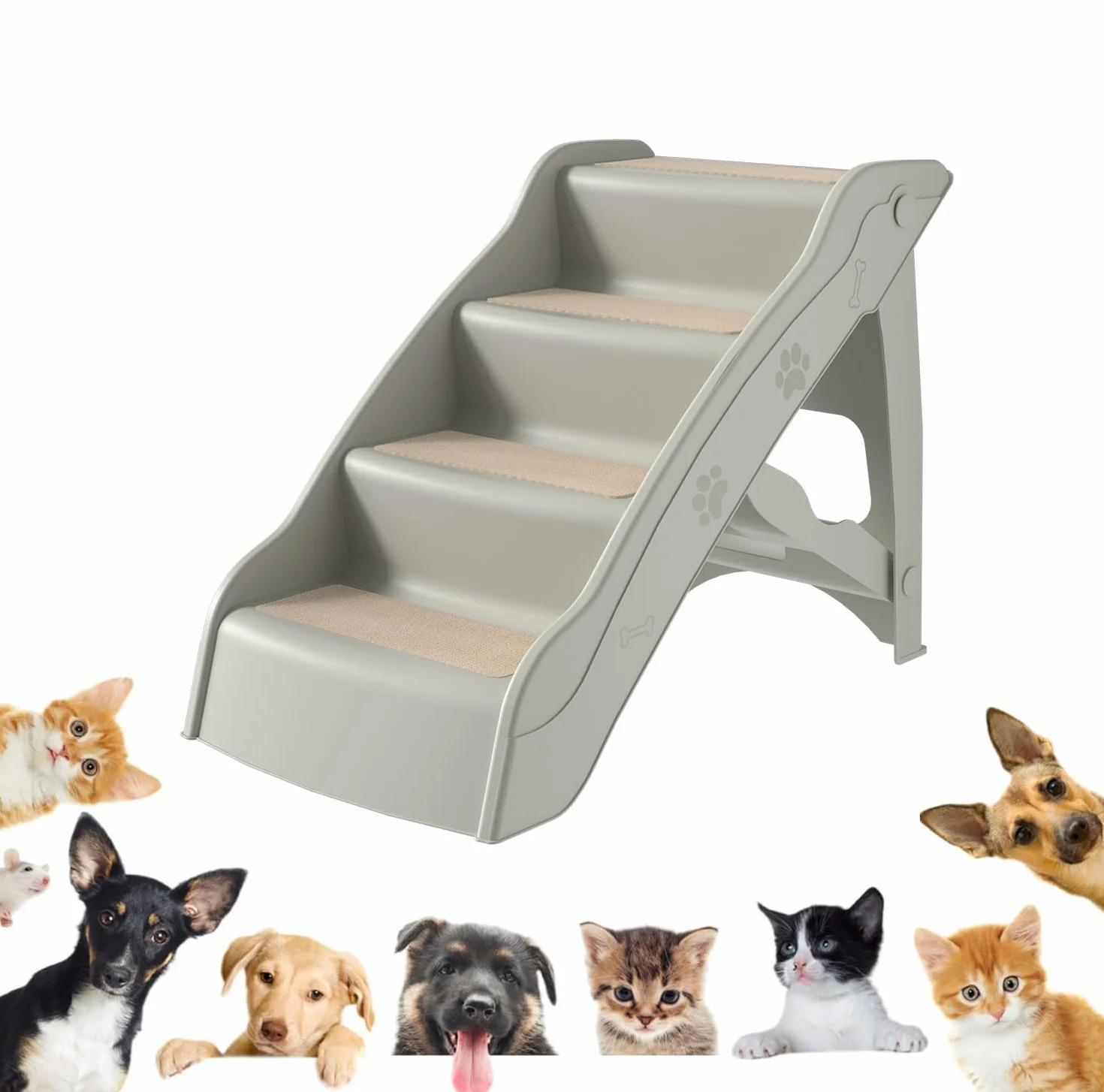 UISEBRT Scaletta per Cani Pieghevole con Tappetino Antiscivolo e asta di Supporto, 4 Gradini Scala per Animali per Animali Domestici fino a 75 kg, Grigio