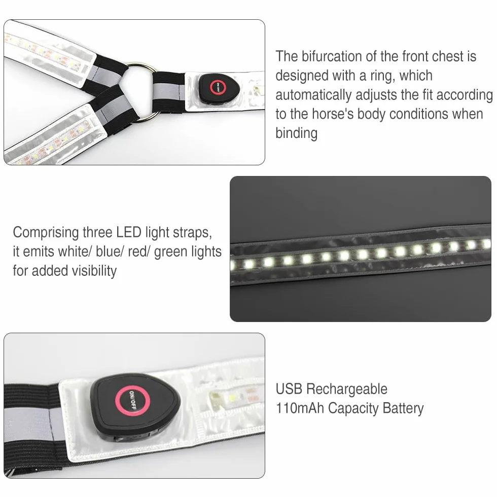 Pettorale a LED per cavalli, ricaricabile tramite USB, riflettente, elastico, per la sicurezza, alta visibilità durante le corse su strade e sentieri