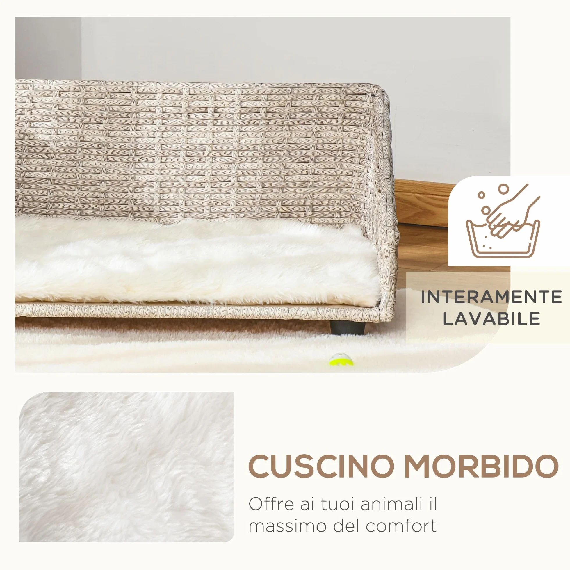 PawHut Cuccia per Cani e Gatti Rialzata in Rattan con Cuscino Lavabile Bianco, Lettino per Animali da Interno, 70.5x40x37.5cm, Beige