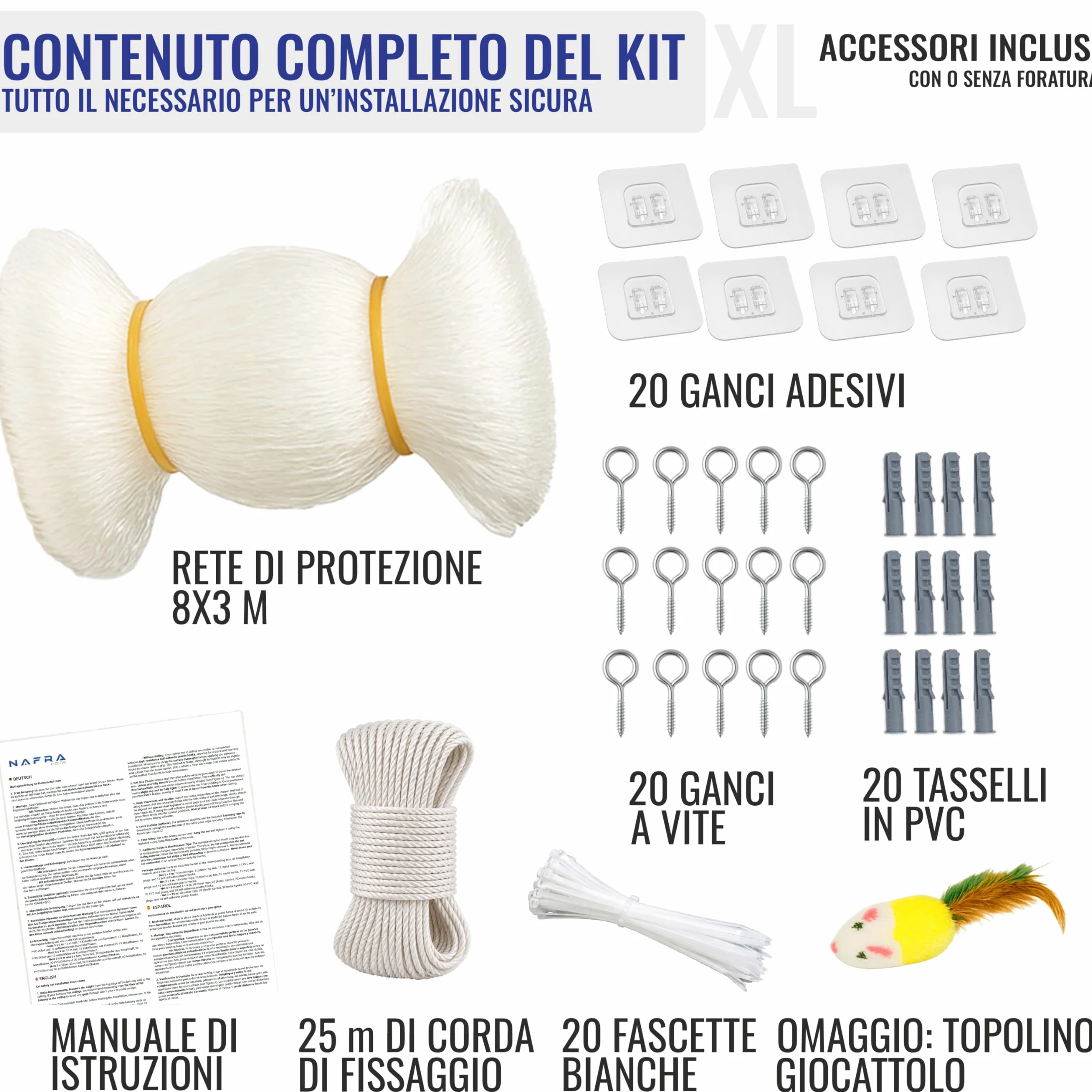 Rete per Gatti Balcone 8x3m – Trasparente | Rete Protezione Gatti con Installazione Senza Trapano o con Trapano | Kit Completo Incluso | Rete Gatti Finestra