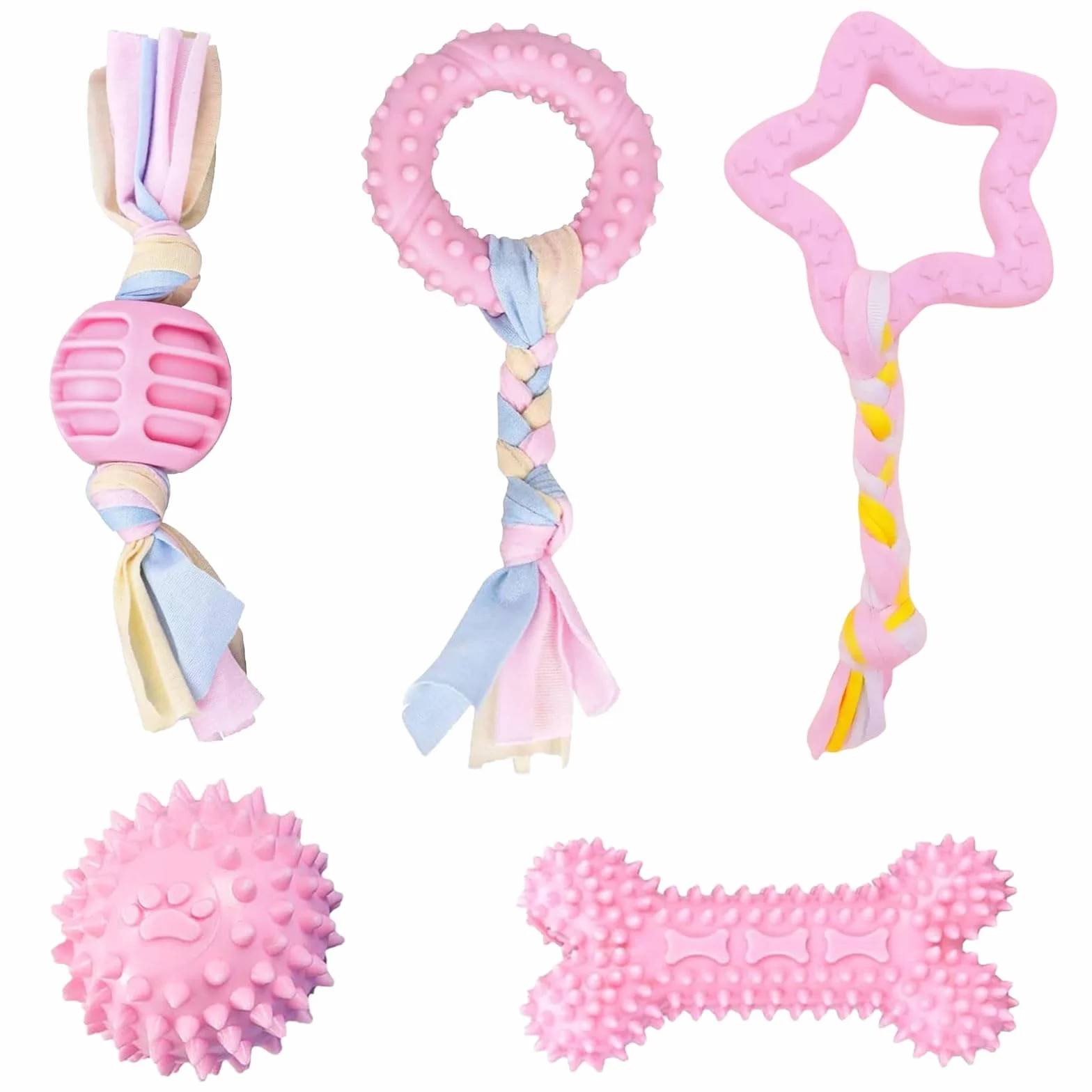 Set di 5 Giocattoli da Masticare per Cuccioli, Giochi per Cani in Gomma Naturale e Corde di Cotone, Giocattoli da Dentizione Interattivi e Resistenti per Cuccioli di Piccola e Media Taglia