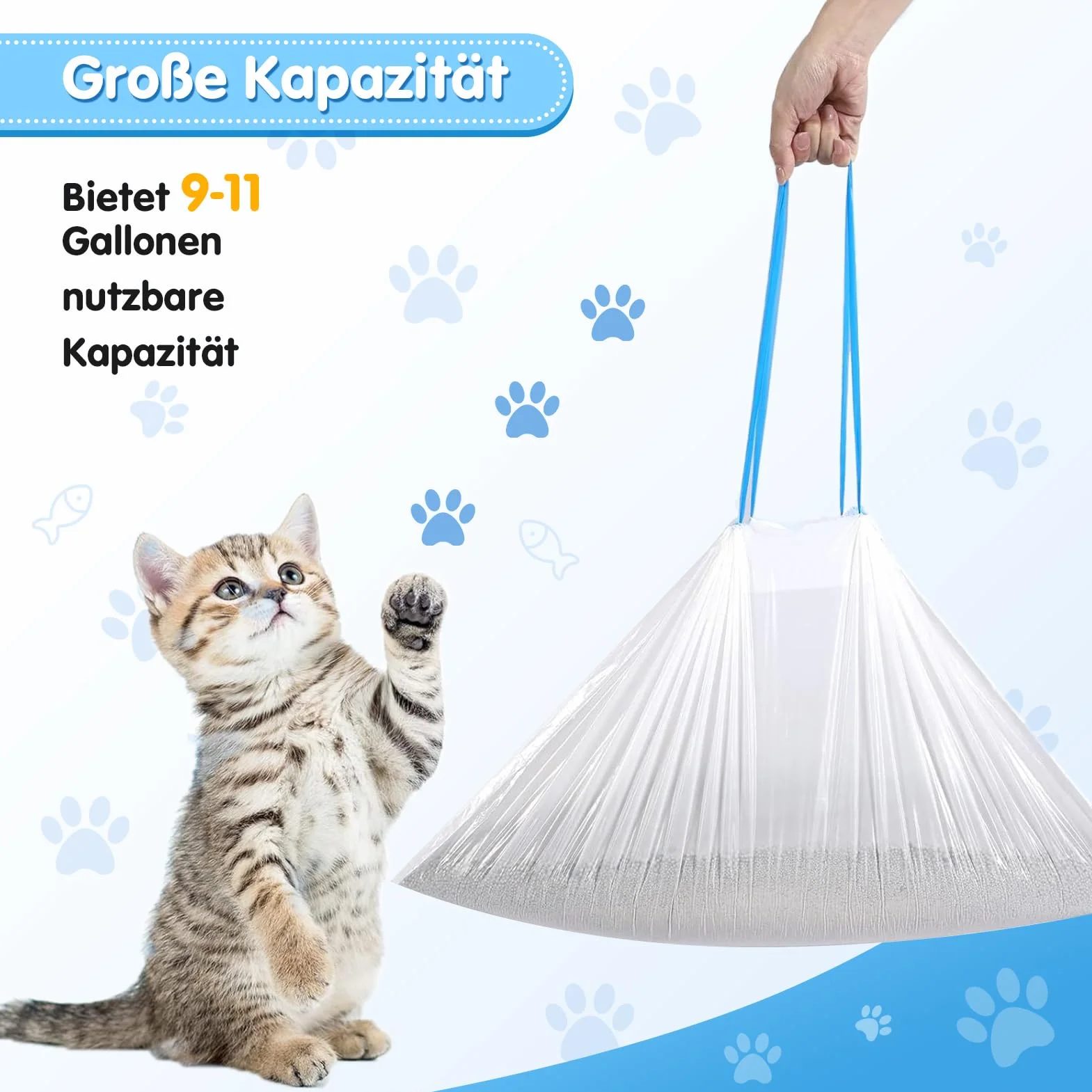 Lettiera autopulente per gatti, 50 x 45 cm, 60 sacchetti per la spazzatura con coulisse