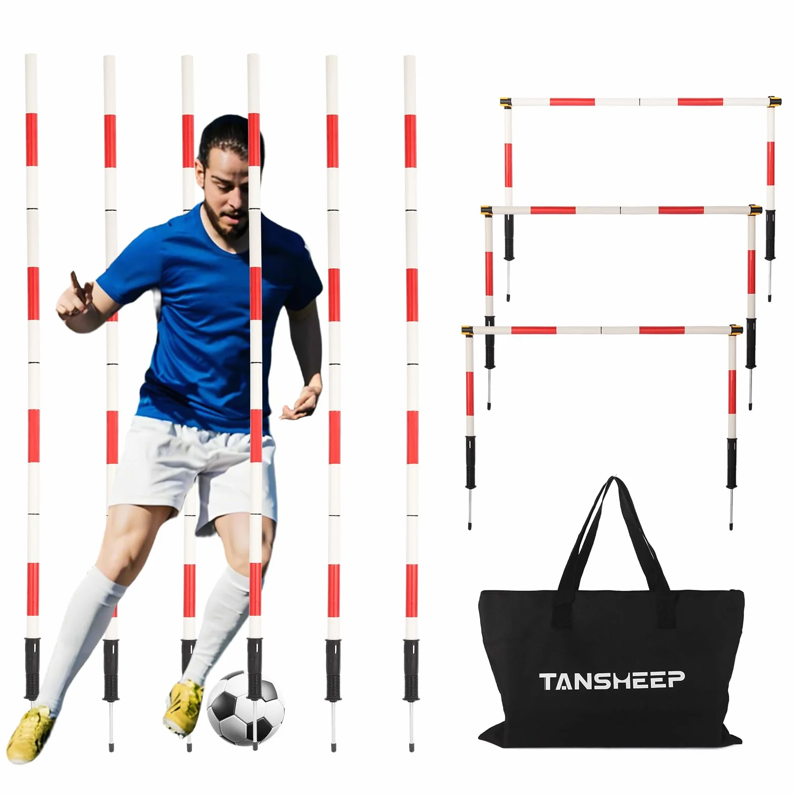 Set di Pali per Allenamento di Agilità Multifunzionale per Calcio Include 6 Pali per Agilità da Calcio, 3 Bastoni Orizzontali Regolabili, 6 Fibbie e 1 Borsa da Trasporto.