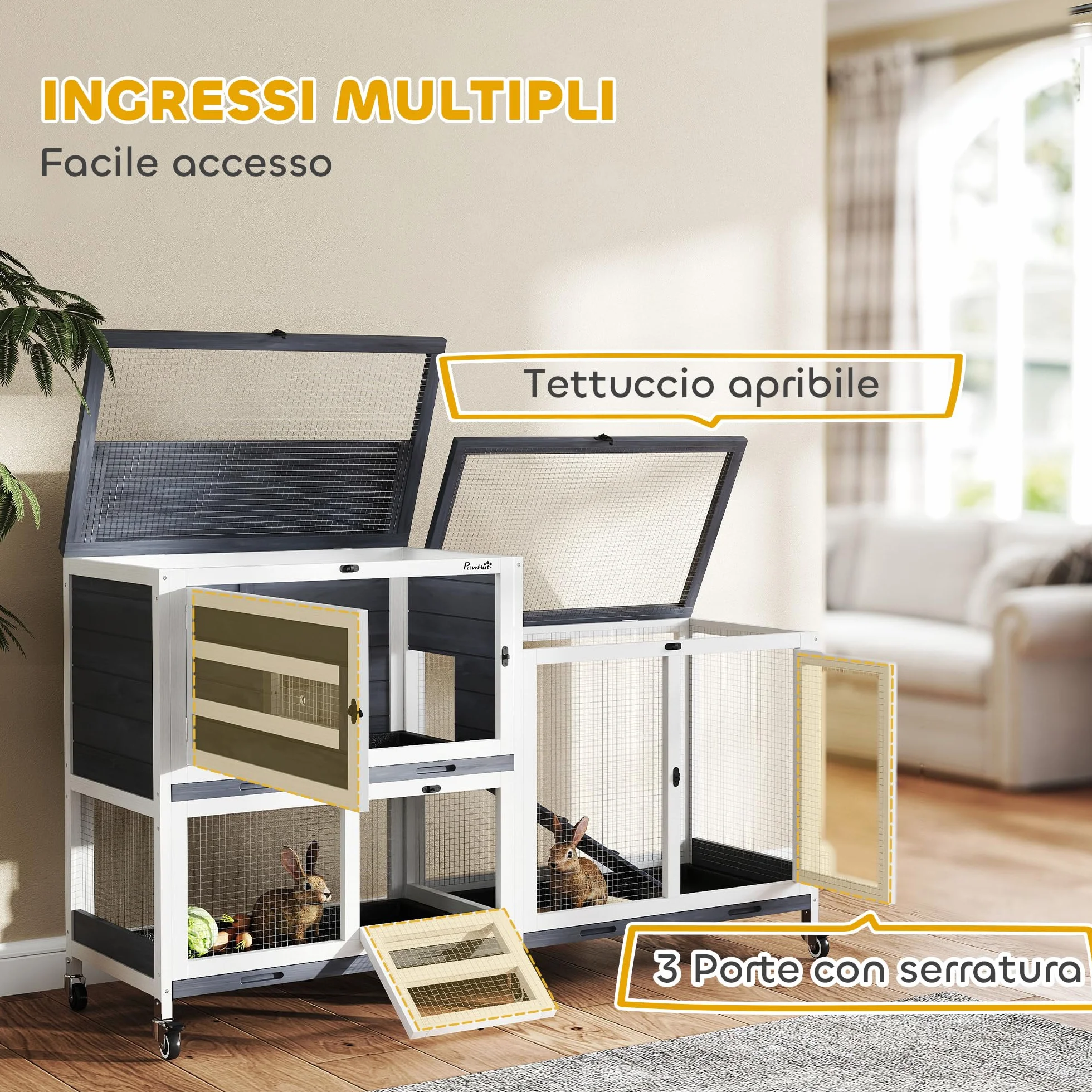 PawHut Conigliera da Interno a 2 Livelli, Gabbia per 2-3 Conigli con 6 Ruote, Rampa, Tetto Apribile, Area Aperta e 3 Vassoi, Cassetta per Conigli in Legno di Abete, 147x45x89.5 cm, Grigio