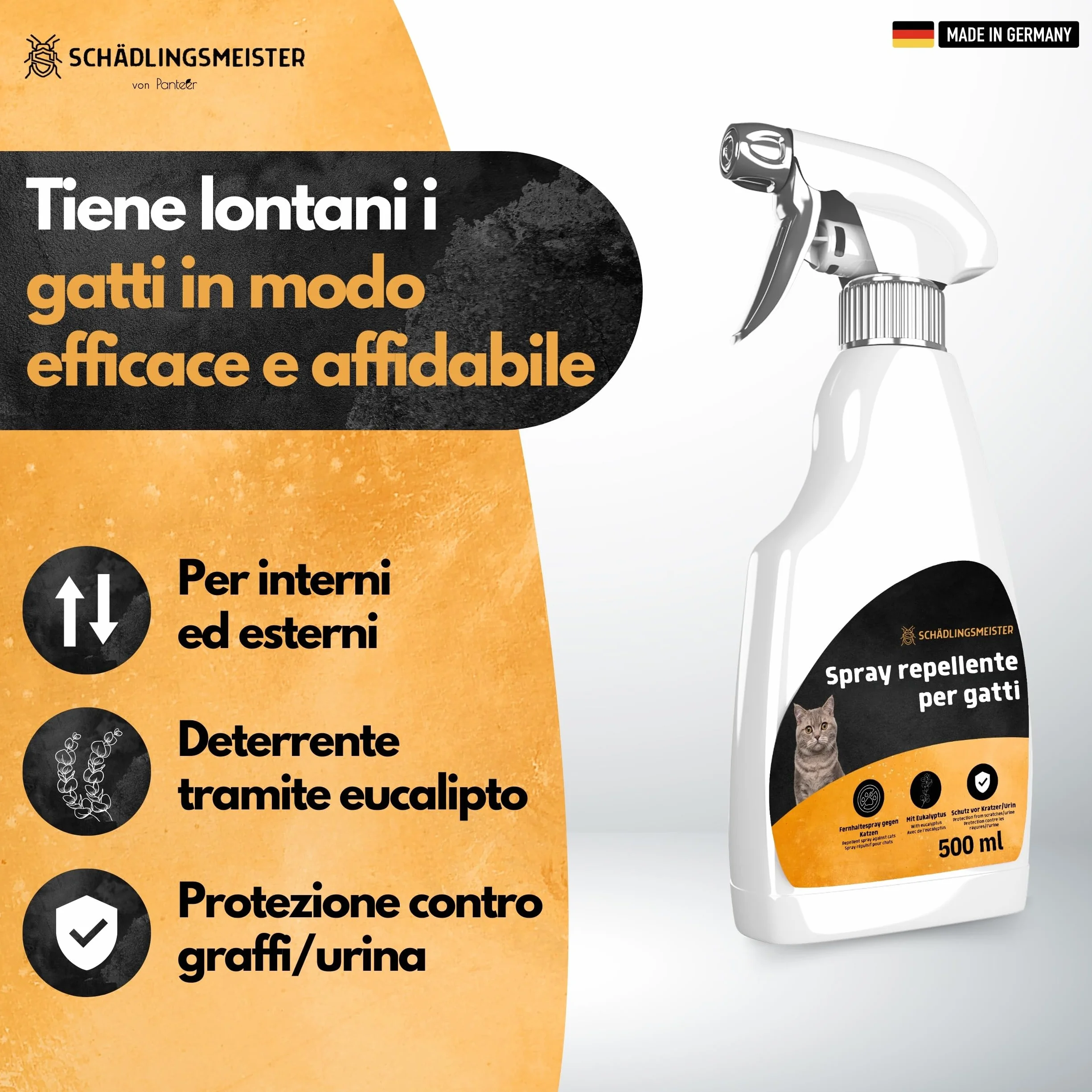 Panteer Spray repellente per gatti 500ml - PROTEZIONE A LUNGO TERMINE CONTRO L'URINA - Allontana i gatti con eucalipto - Scaccia gatti - Repellente per gatti da esterno - Deterrente per gatti