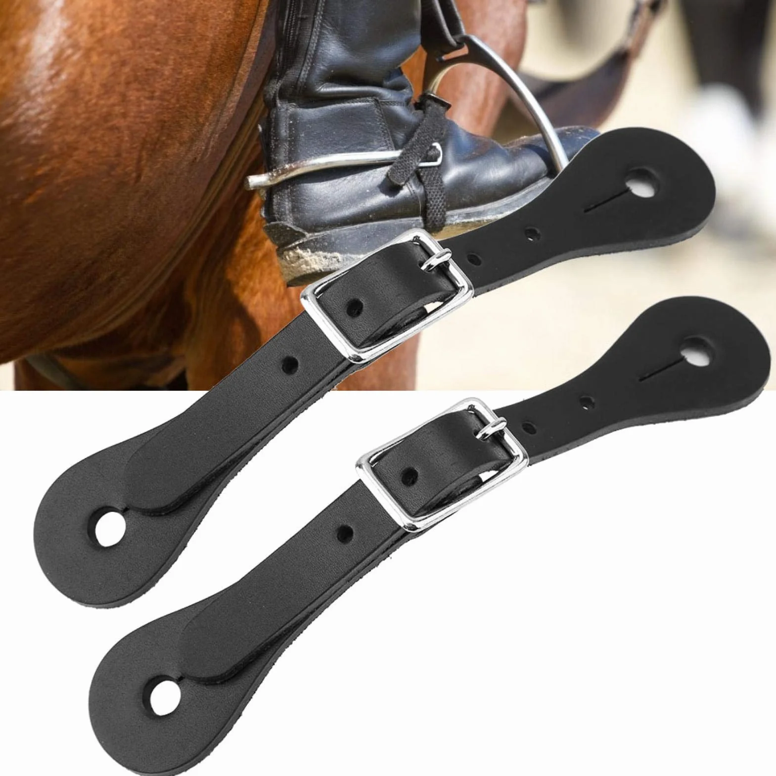 Wosune Cinturino per sperone per Cavallo, Cinturino per Cavallo Accessori per Equitazione Leatherw 1 Paio per Cintura per Equitazione per Cintura in Pelle Nera per Accessorio per Cavallo(Black)