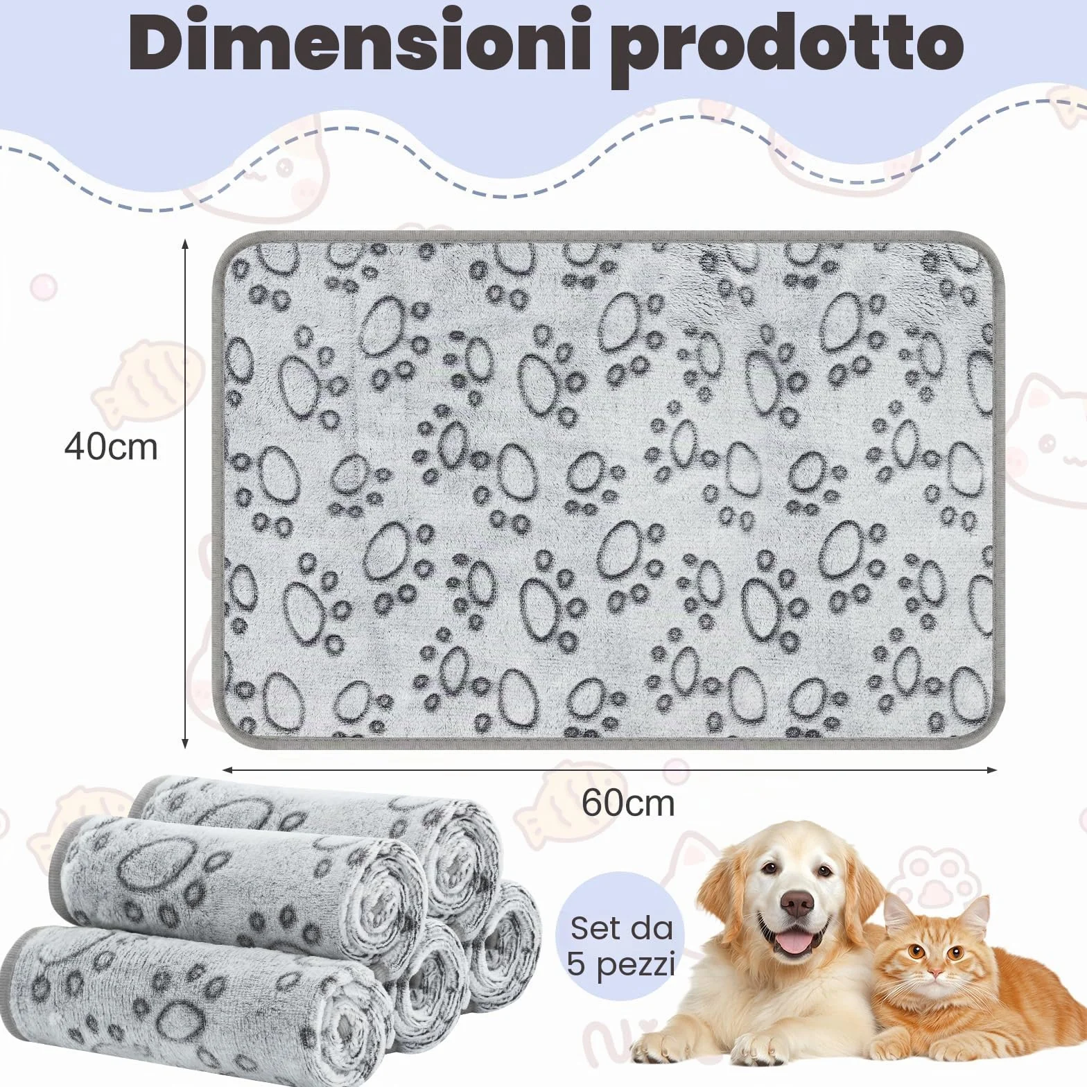 Coperta Per Cani Lavabile Flanella Morbida Calda 60×40cm Grigio Impronte Zampe