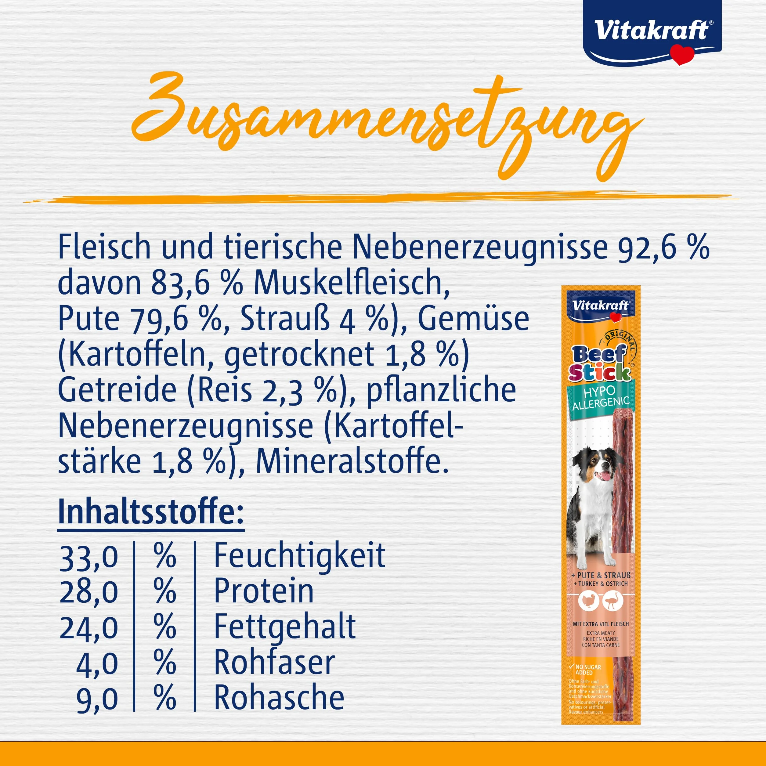 Vitakraft Bastoncino di manzo ipoallergenico, ideale per intolleranze, con tacchino e struzzo, in formato da conservazione (50x 12g)