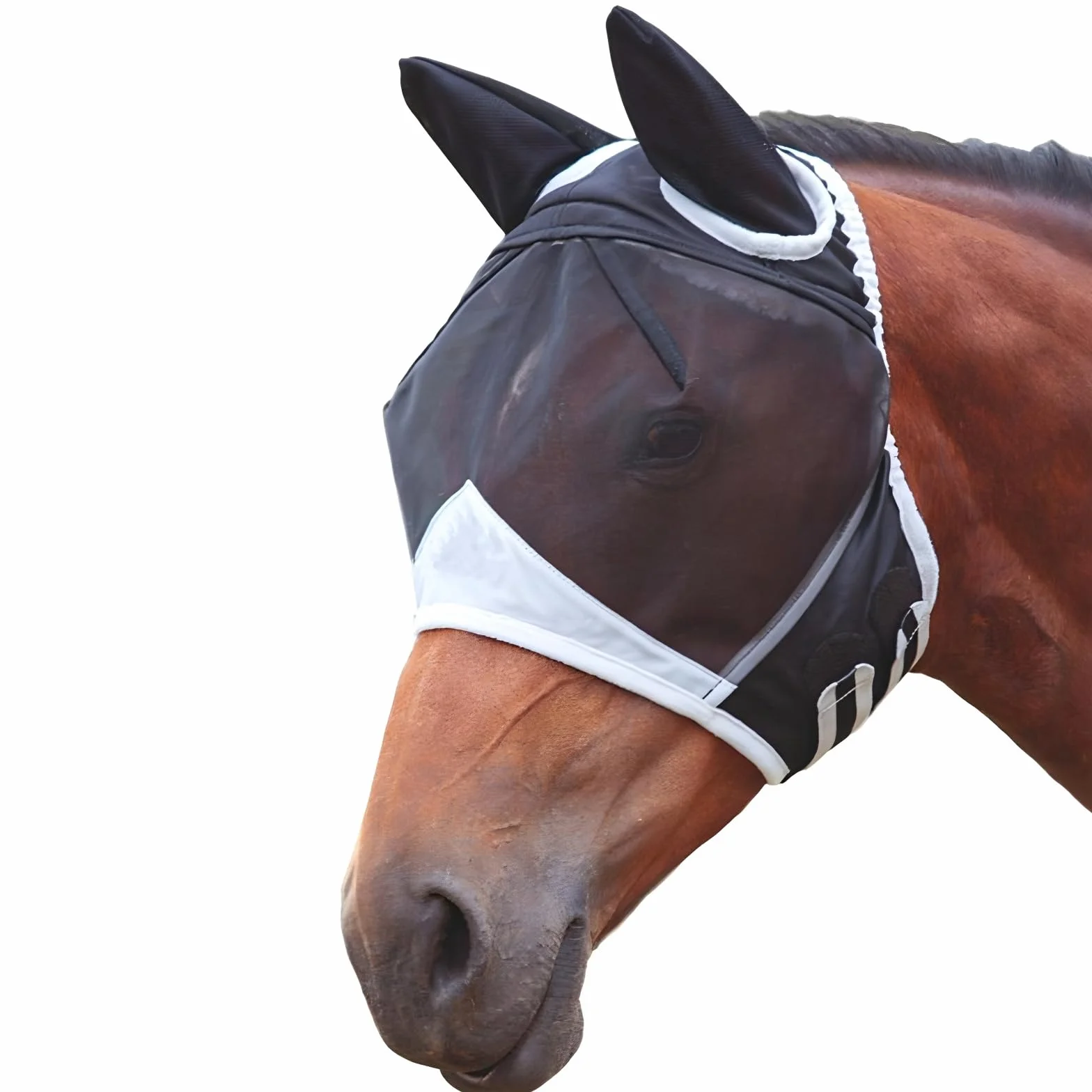 Maschera per mosche a cavallo nero protezione UV con orecchie rete traspirante 90x47x28 cm