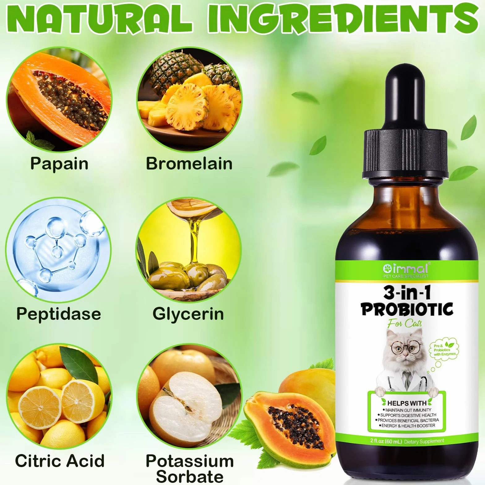 Probiotico per gatti, probiotici 3 in 1 per gatti domestici per alleviare la diarrea, supportare la salute intestinale, il prurito della pelle e l'immunità, integratore digestivo - 60 ml