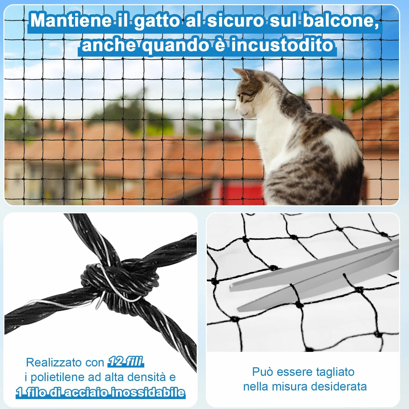 Aystkniet Rete per Gatti | Extra Rinforzato con Filo | 3x2m Rete per recinzioni incl. Corda di Fissaggio | Rete per Gatti Balcone | Rete Gatti | Rete Protezione Gatti Balcone