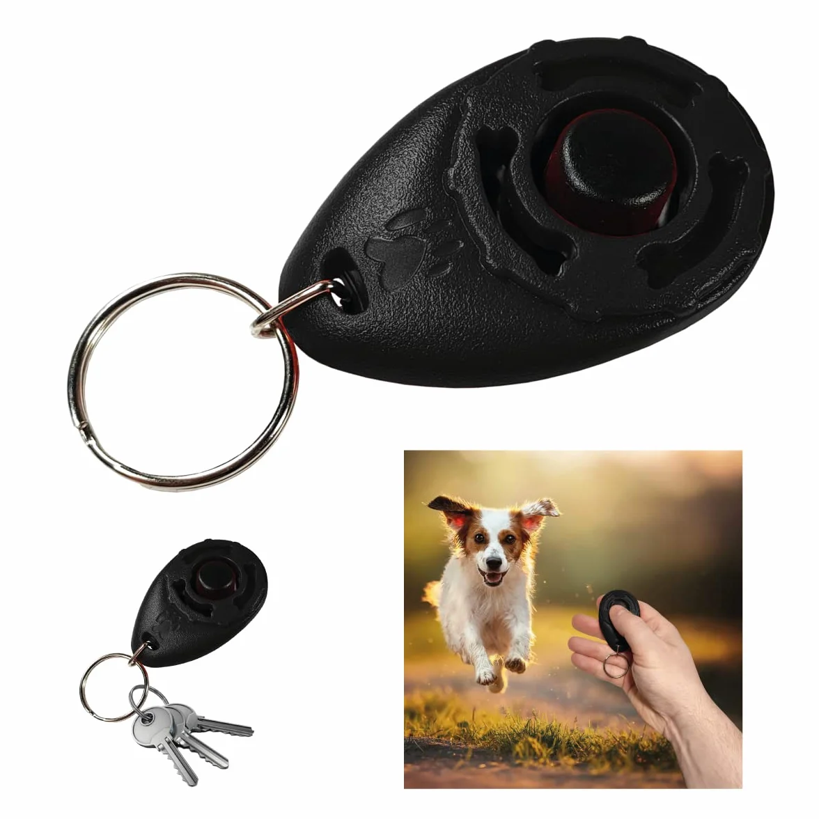 Clicker per Cani con Portachiavi, Addestramento e Formazione, Dog Training - Cane, Gatto, Cavallo – Impugnatura Facile, Addestra ad Un Comportamento Corretto (Nero)