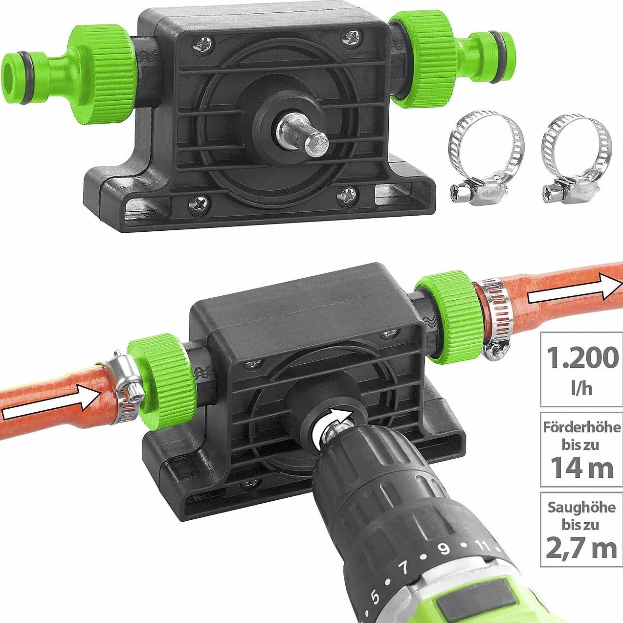 Royal Gardineer Aquarium Water Pump Accessories - pompa trapano: Adattatore per pompa per trapano, per il pompaggio e lo svuotamento dell'acqua, Adattatore per tubo (avvitatore a batteria con, con)