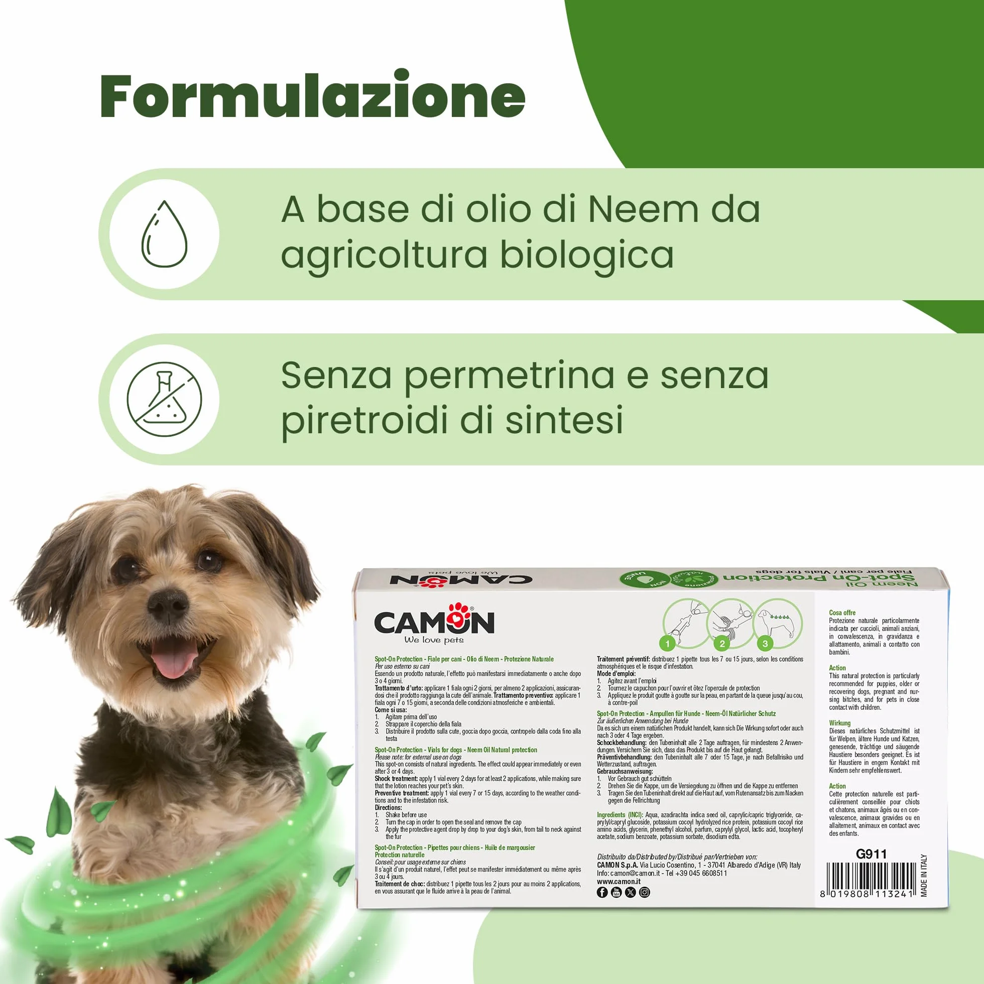 CAMON | Spot-On Protection Cane (0-10kg), 5 Fiale da 3ml con Olio di Neem, Naturale e Efficace