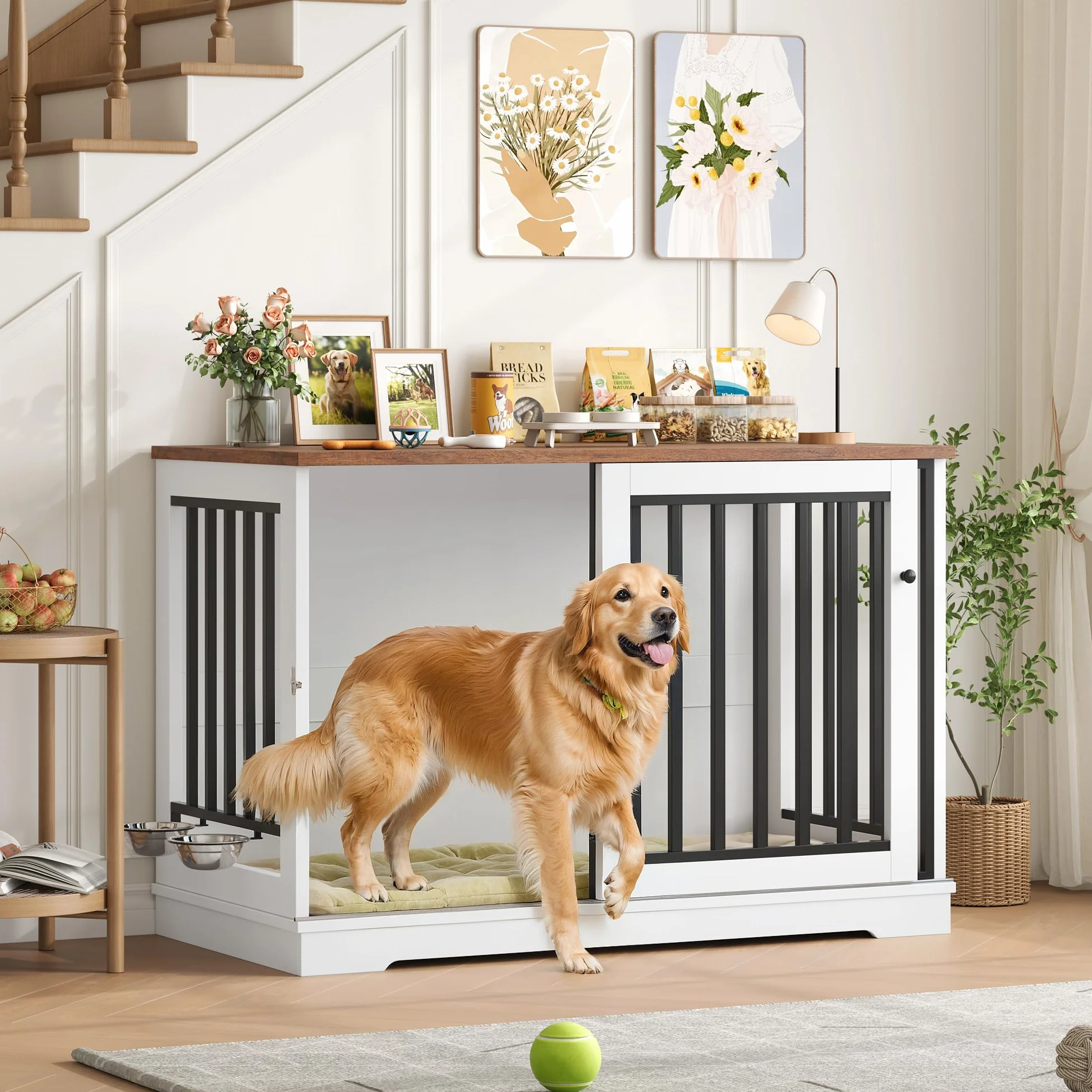 FirFurd 120 cm Gabbia per Cani, Kennel Cane Grande con Porta Scorrevole, con 2 Ciotole che Ruotano di 360°, Cane Kennel in Metallo e Legno, 120x60x90cm (Bianco+Marrone)