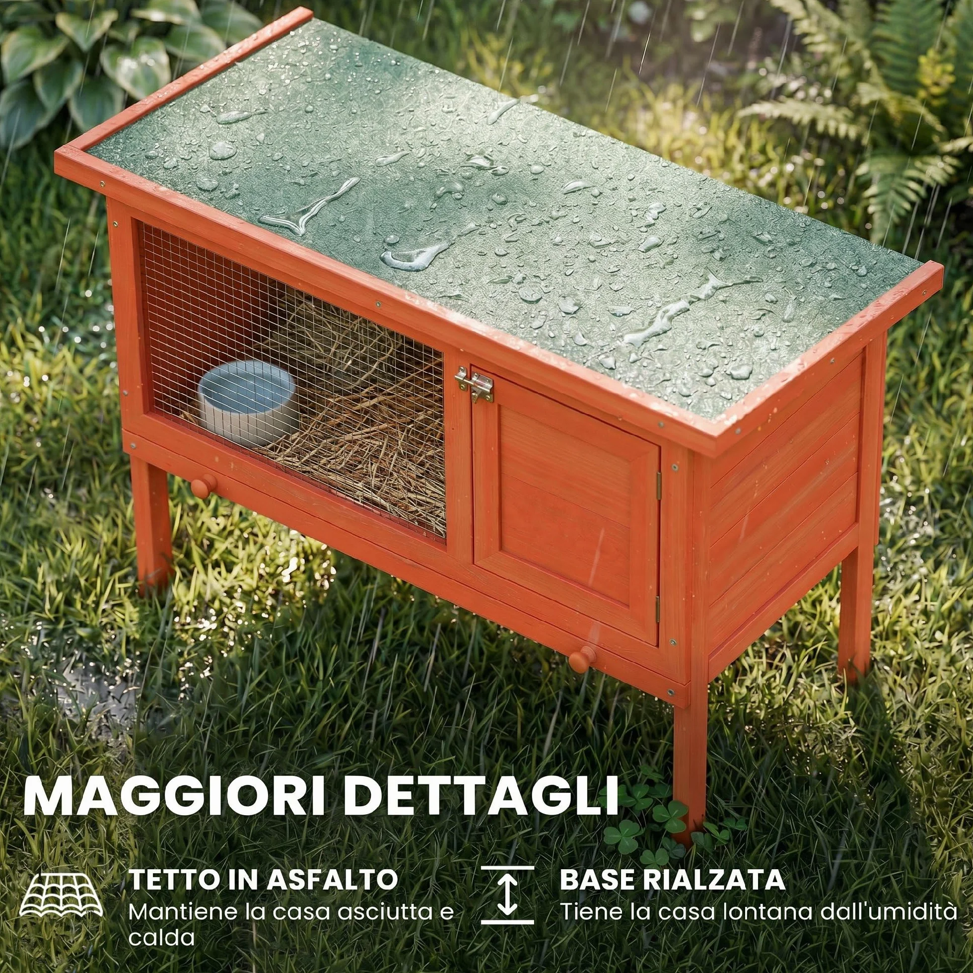 PawHut Conigliera da Esterno in Legno di Pino, Gabbia Casetta per Conigli con Vassoio Estraibile, Tetto Apribile in Bitume, Fondo Rialzato, Porcellini d'India, Cincillà, Arancione