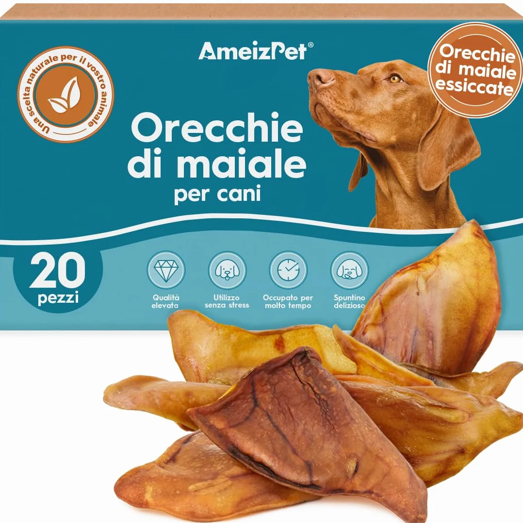 AmeizPet Orecchie Di Maiale Essiccate Per Cani, Masticativi Naturali Per Cani, Lunga Durata Croccanti Orecchie di Maiale, Dolcetto Per Cani 20 Pezzi