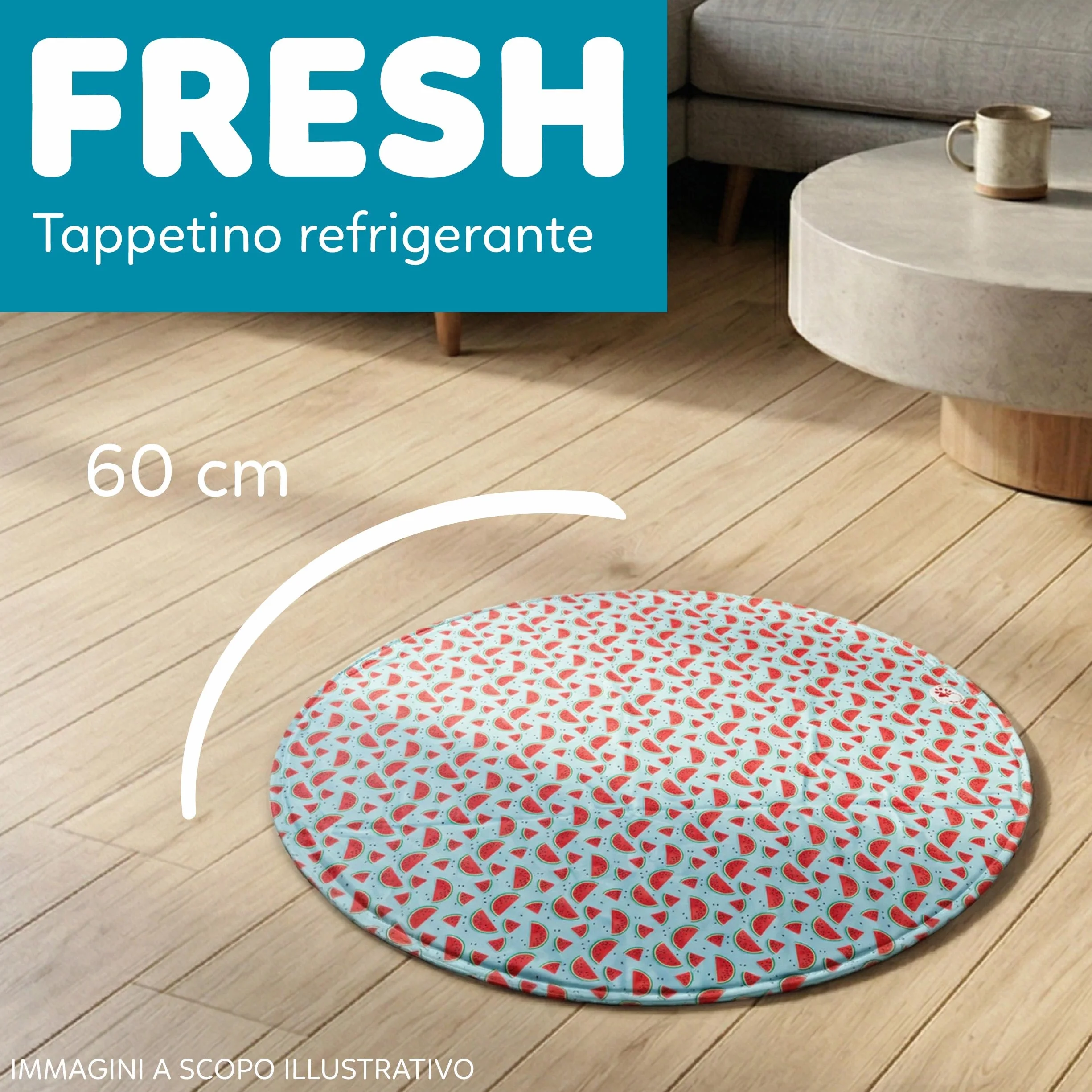 AQPET Tappetino Refrigerante Rinfrescante per cane forma Tonda, Gel non Tossico, sistema di Auto Raffreddamento, Fantasia Fruit, Misura Diametro 60 Cm
