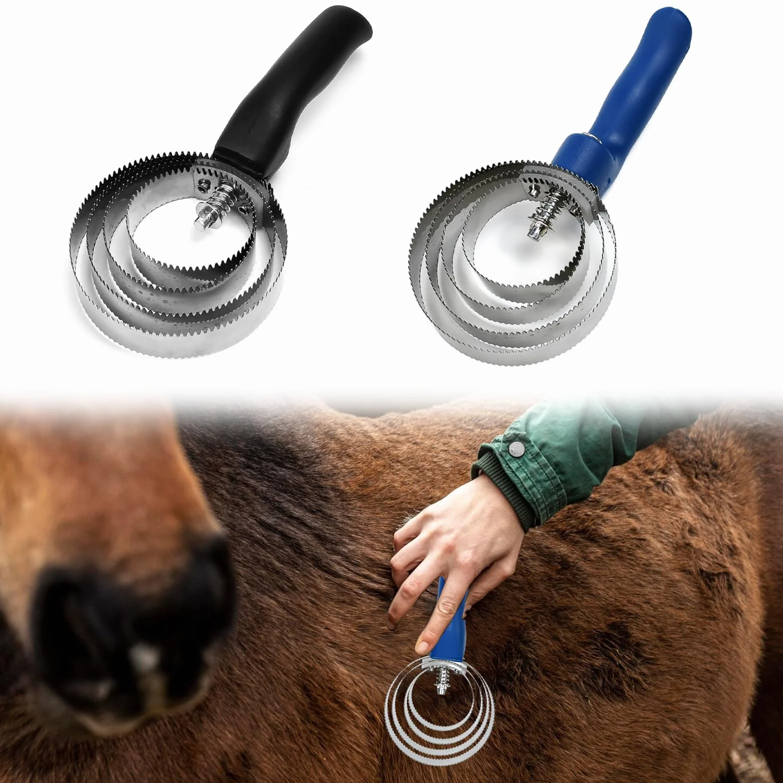 2 Pz Striglia a Spirale,Barretta a Molla per Cavalli 4 Anello,Spazzola per Prurito di Cavallo,Pennello Spargimento Cavalli Metallo