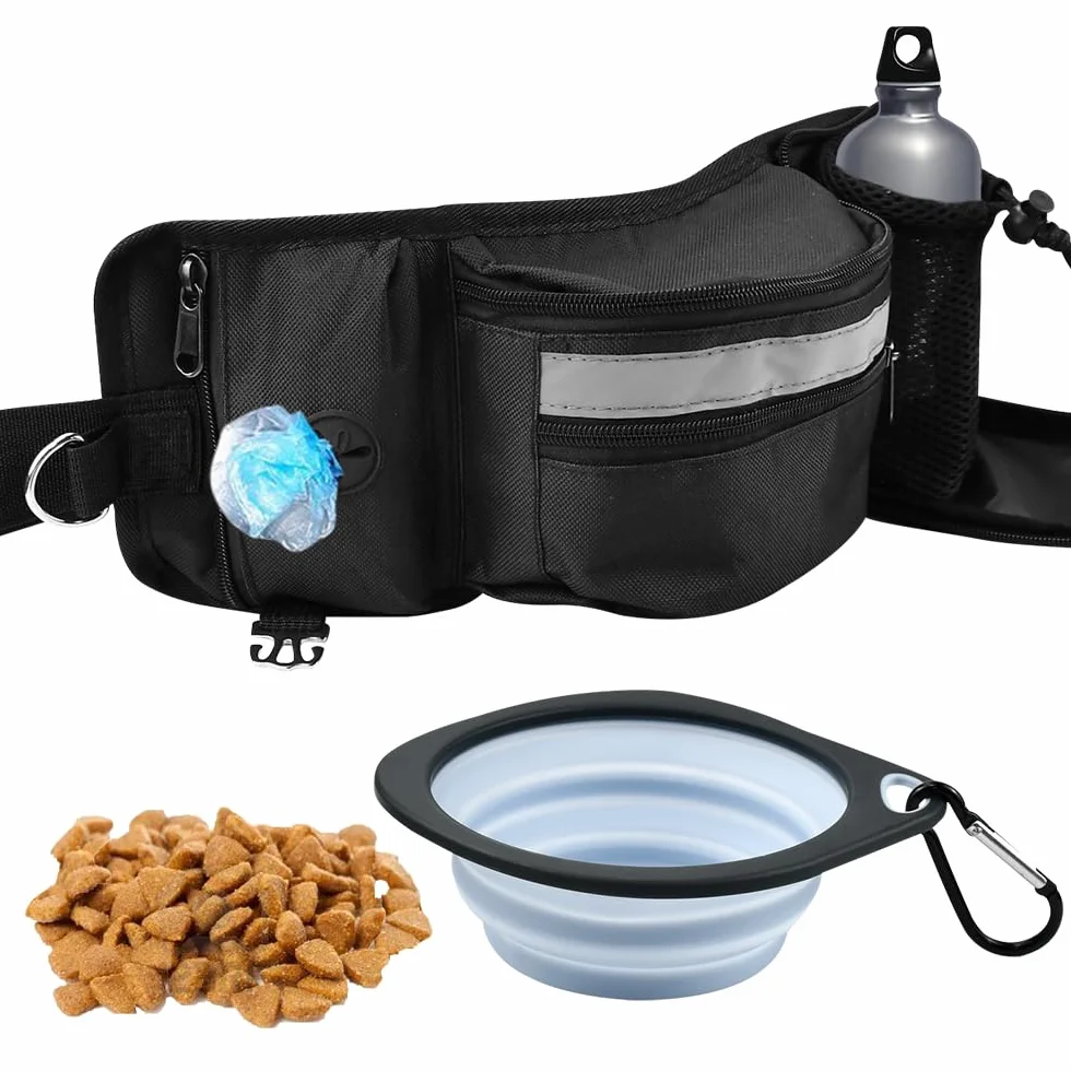 Porta Premietti per Cani 4 in 1 Borsa Addestramento Cane Regolabile Sacchetto di Addestramento per Cane con Ciotola Pieghevole per Animali Domestici per Cibo Cani, Bottiglie d'Acqua(Nero)