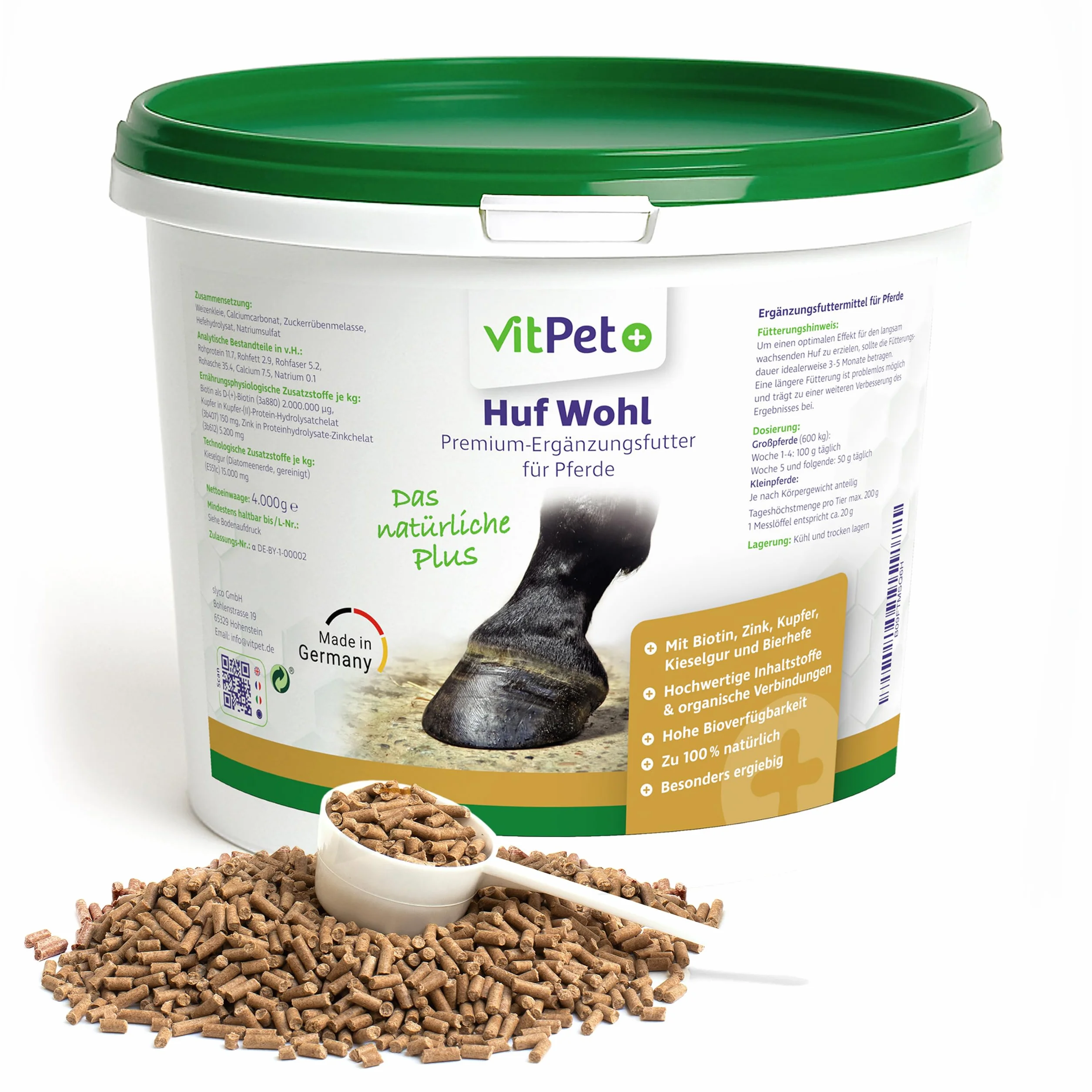 Huf Wohl - Speciale cibo minerale per cavalli, con biotina, zinco, diatomite e lievito di birra, 4 kg, per sostenere la crescita dello zoccolo, incluso cucchiaio dosatore