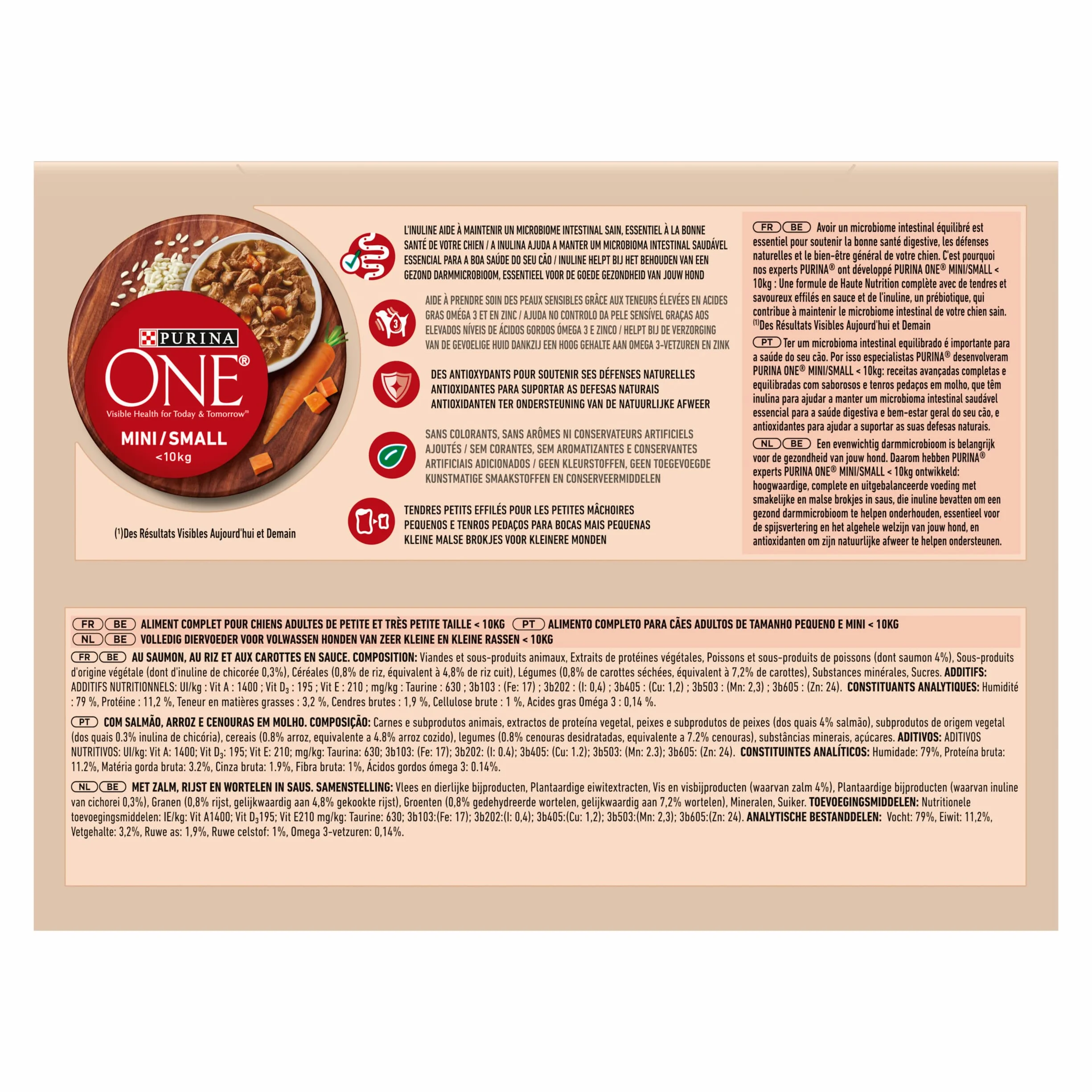 PURINA ONE Mini/S <10kg sensitiva/delicata, sbucciati con salmone, riso e carote in salsa per cani adulti di piccola taglia | digestione sensibile bustine pasto 10 x 85 g | Confezione da 6
