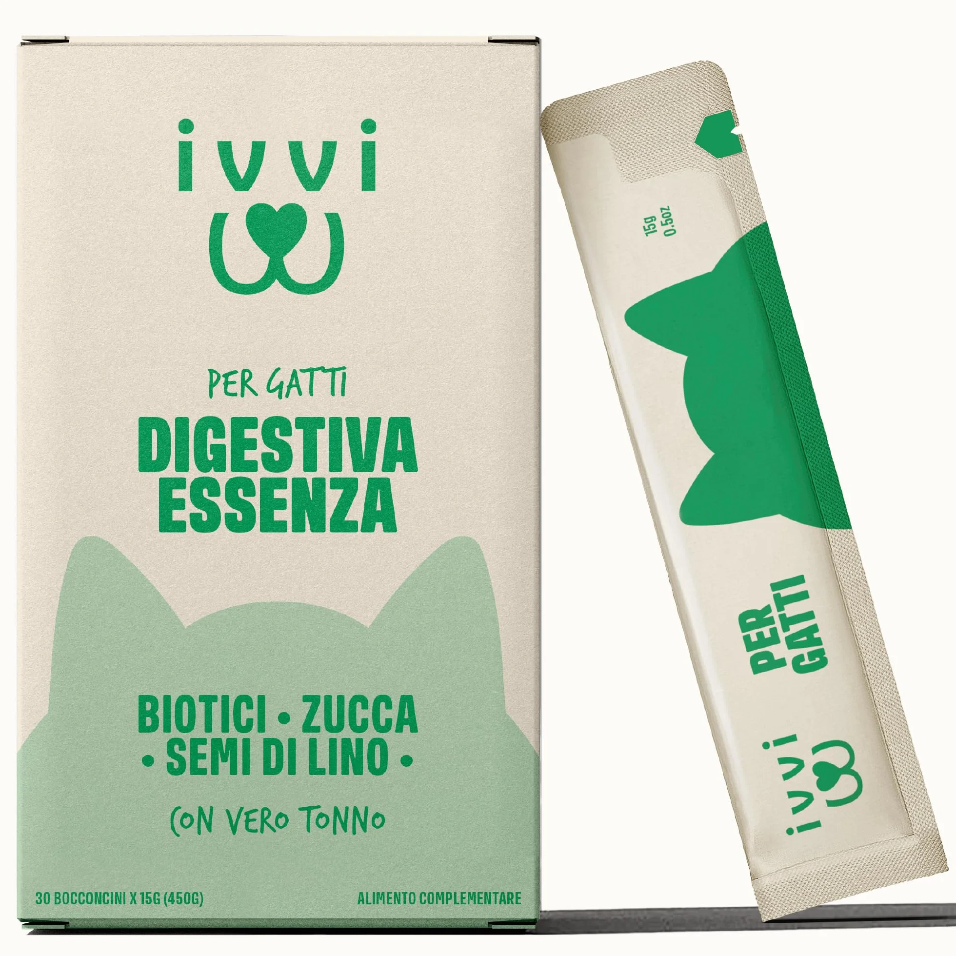 ivvi Essenza Digestiva per Gatti – 30 Snack Cremosi con Tonno, Zucca, Semi di Lino e Postbiotico derivato da Probiotici – Digestione, Flora Intestinale e Benessere – 450 g