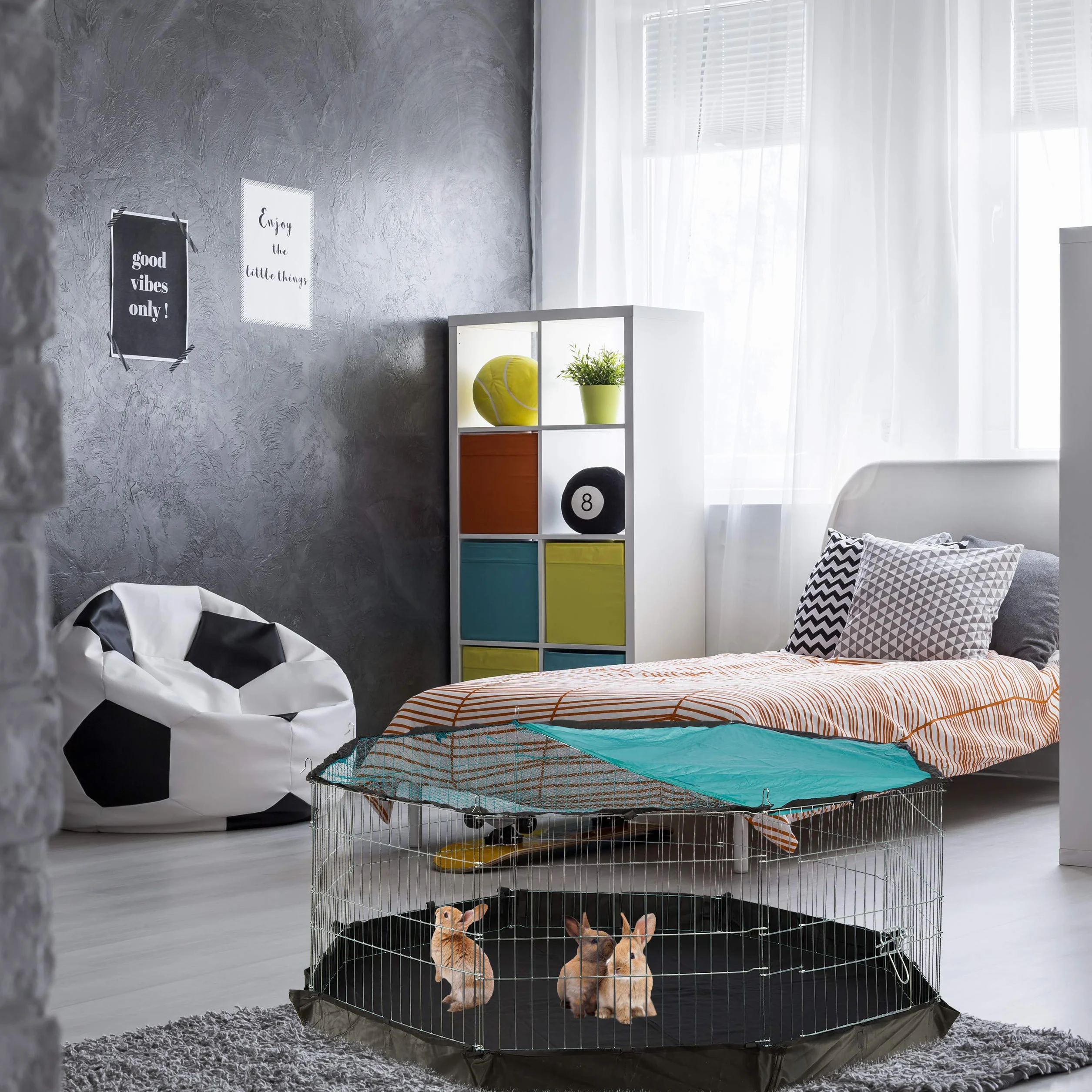 Relaxdays Recinto per Animali, Telo Protettivo, 8 Griglie, per Conigli, Porcellini d’India, HxLxP 60x150x150 cm, Argento