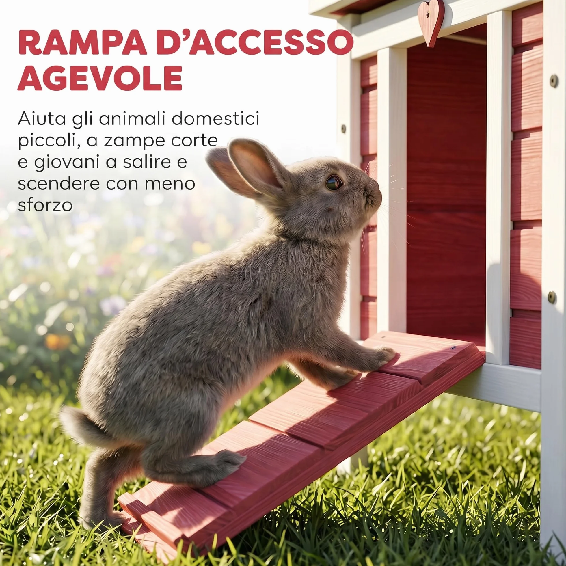 PawHut Gabbia per Conigli in Legno con Tetto Apribile in Asfalto, Conigliera con Rampa di Accesso Antiscivolo, 51x42x43 cm, Rosso