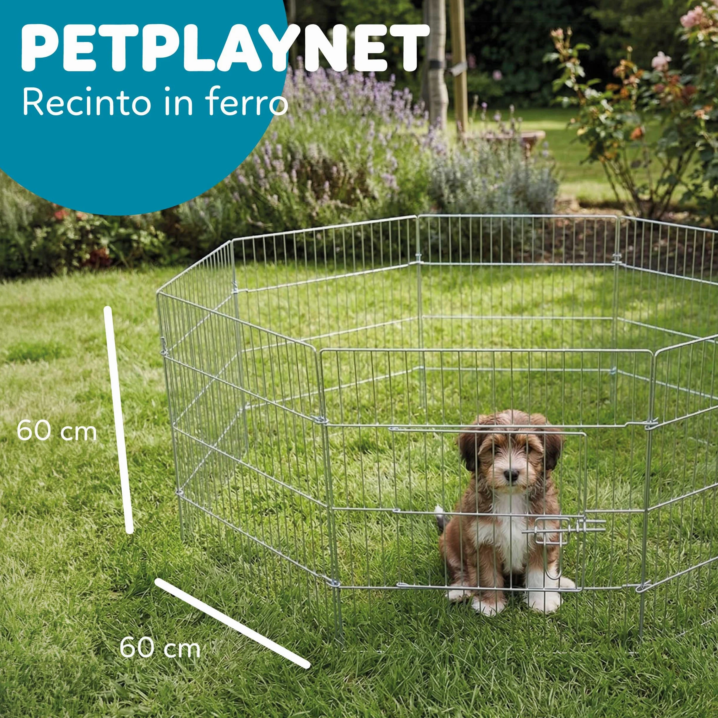 AQPET Recinto in ferro per Cani e Gatti Cuccioli Roditori Pieghevole 60x60 cm 8 Pezzi Per esterno da Giardino con Rete Parasole, Nero