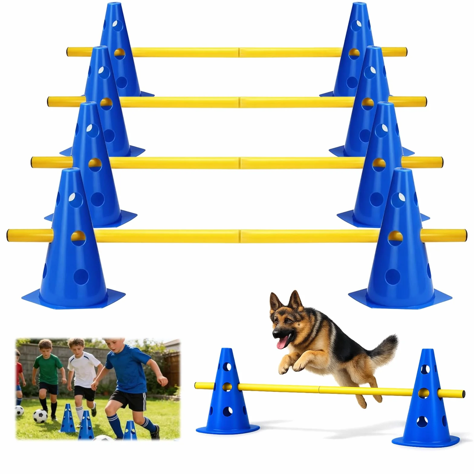Set Ostacoli Steccati 10 Coni + 5 Aste – Agility Hurdles Regolabili in Altezza per Sport Canino e Allenamento Calcio – Set Multiuso per Cani, Bambini e Cavalli – Altezza 23 cm, Lunghezza 80 cm