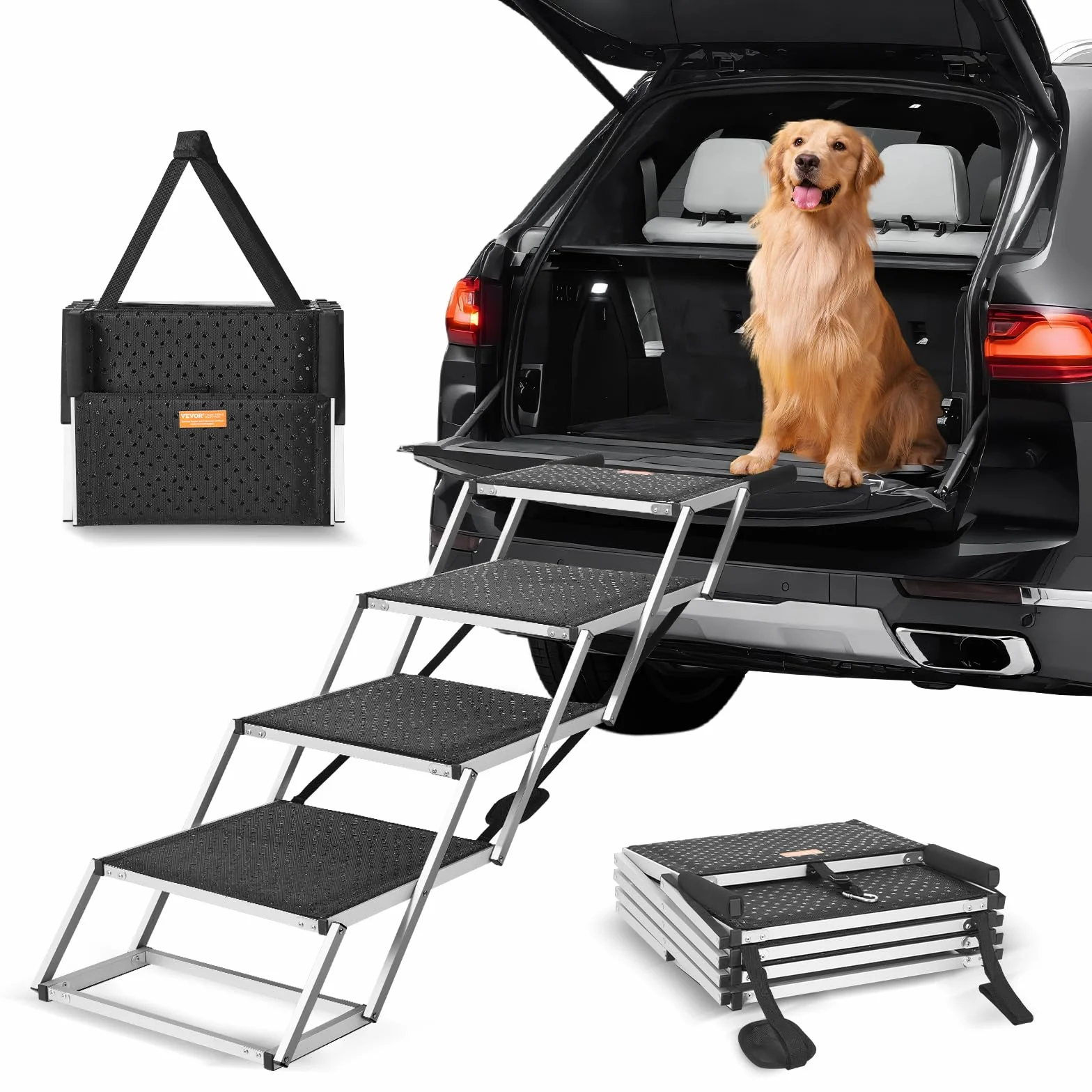 VEVOR Scala per Cani Larghi per Auto 4 Gradini, Rampa Pieghevole con Superficie Antiscivolo, Animali Domestici Gradini Portatili in Alluminio Leggero per SUV e Camion, Supporta Fino a 113 KG