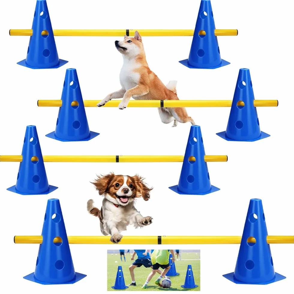 Agility Set per Cani Ostacoli per Bambini, Ostacoli per Bambini, Cani, Cane Cavaletti, 8 Coni 23 cm di Altezza + 4 aste Lunghe 81 cm, per Esercizi di Addestramento, Sport Cinofili