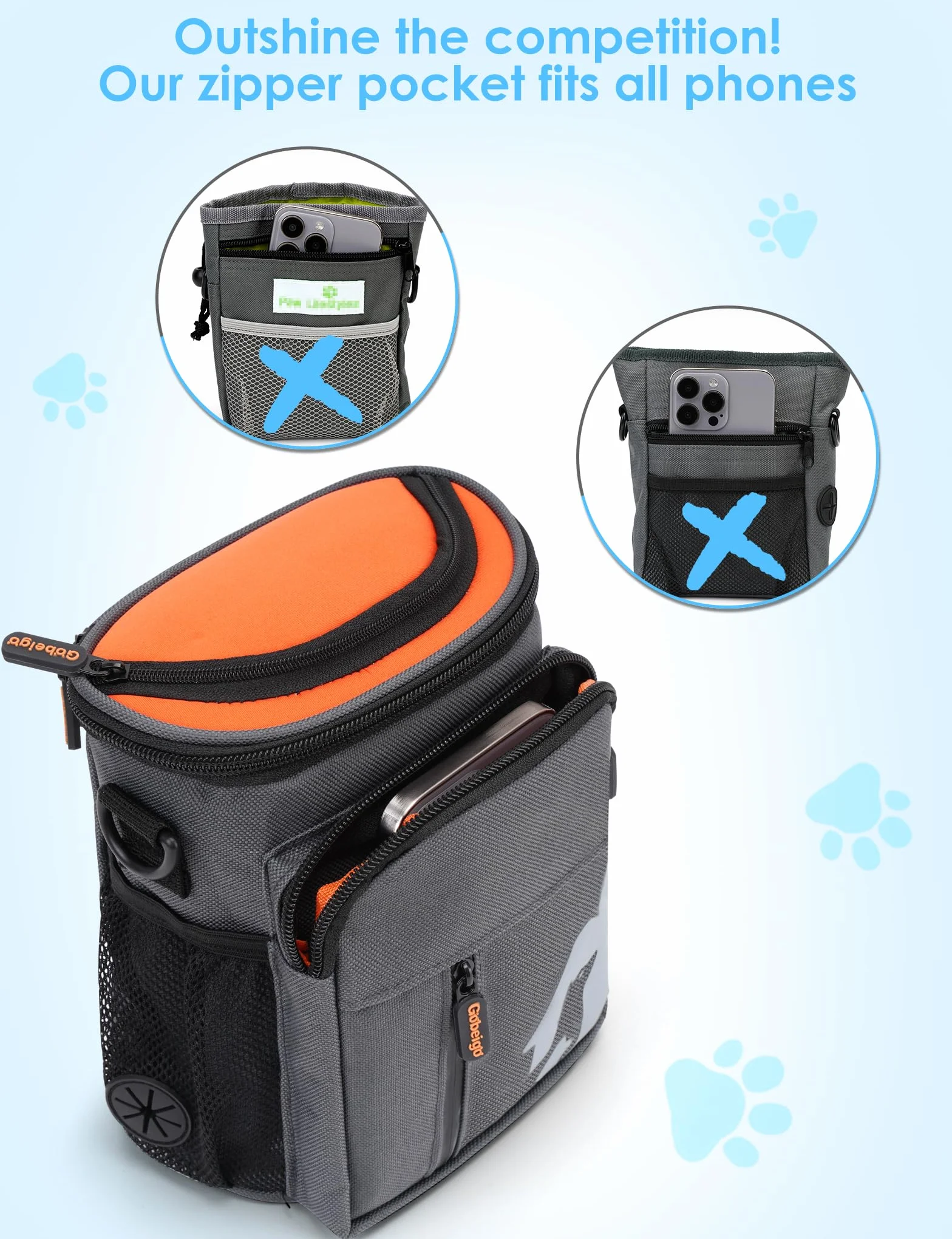 Gobeigo Sacchetto per 8 tazze per cani 【3 modi per indossarlo】 Borsa per addestramento e passeggiate, dispenser per sacchetti per la cacca integrato, adatta per telefoni grandi (grigio e arancione)