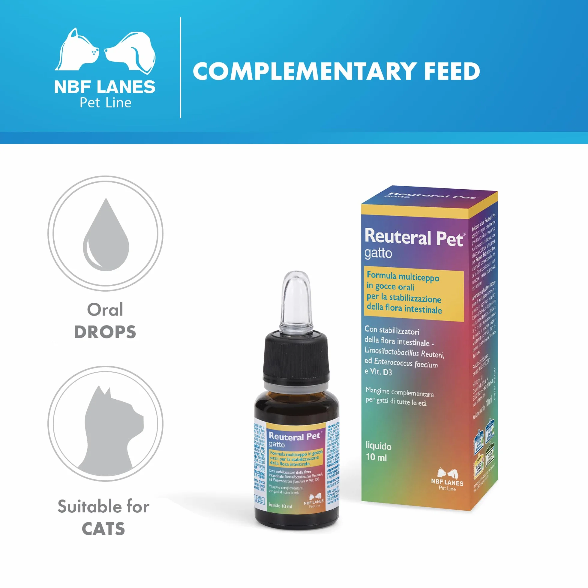 NBF Lanes | Reuteral Pet Gatto, Gocce orali, Probiotico a base di fermenti lattici vivi per la stabilizzazione della Flora intestinale nei Gatti