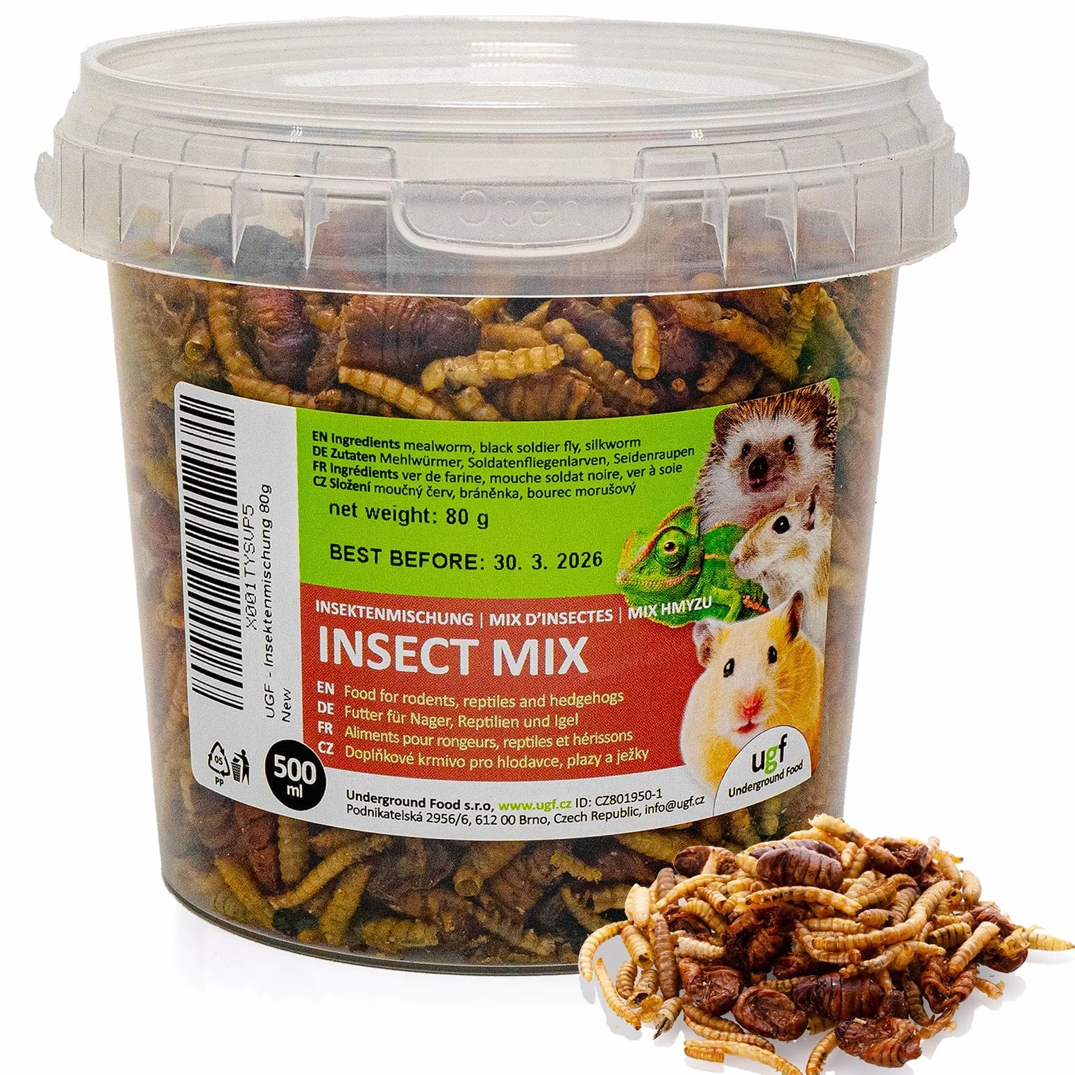 UGF Mix di insetti 80 g 500 ml cibo per ricci, gerbilli, criceti, ratti, lucertole - vermi della farina, larve di mosca soldato nera, bachi da seta