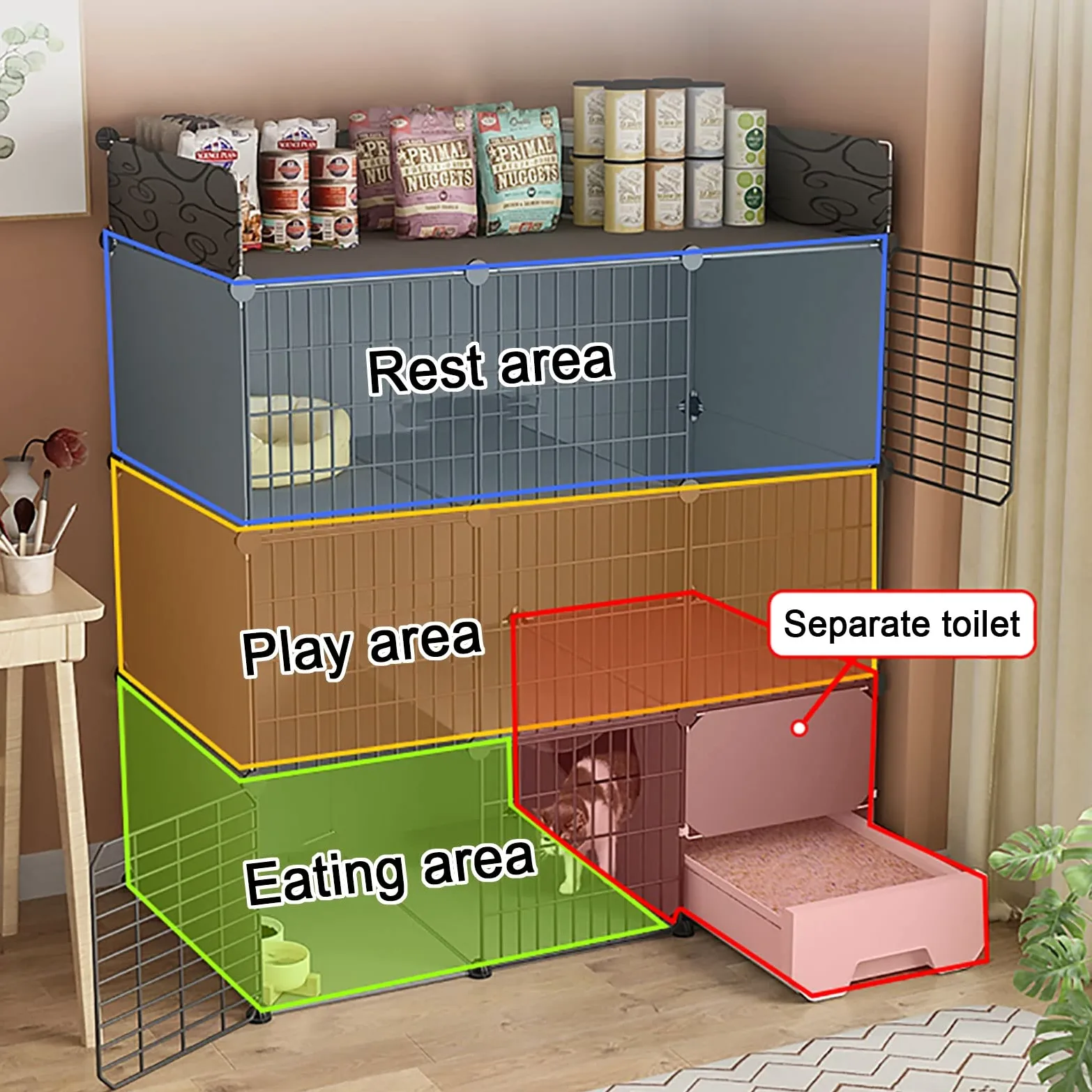 Gabbia per gatti da interno con lettiera, recinzione in metallo multistrato rimovibile per piccoli animali domestici, soluzione fai da te spazio extra large