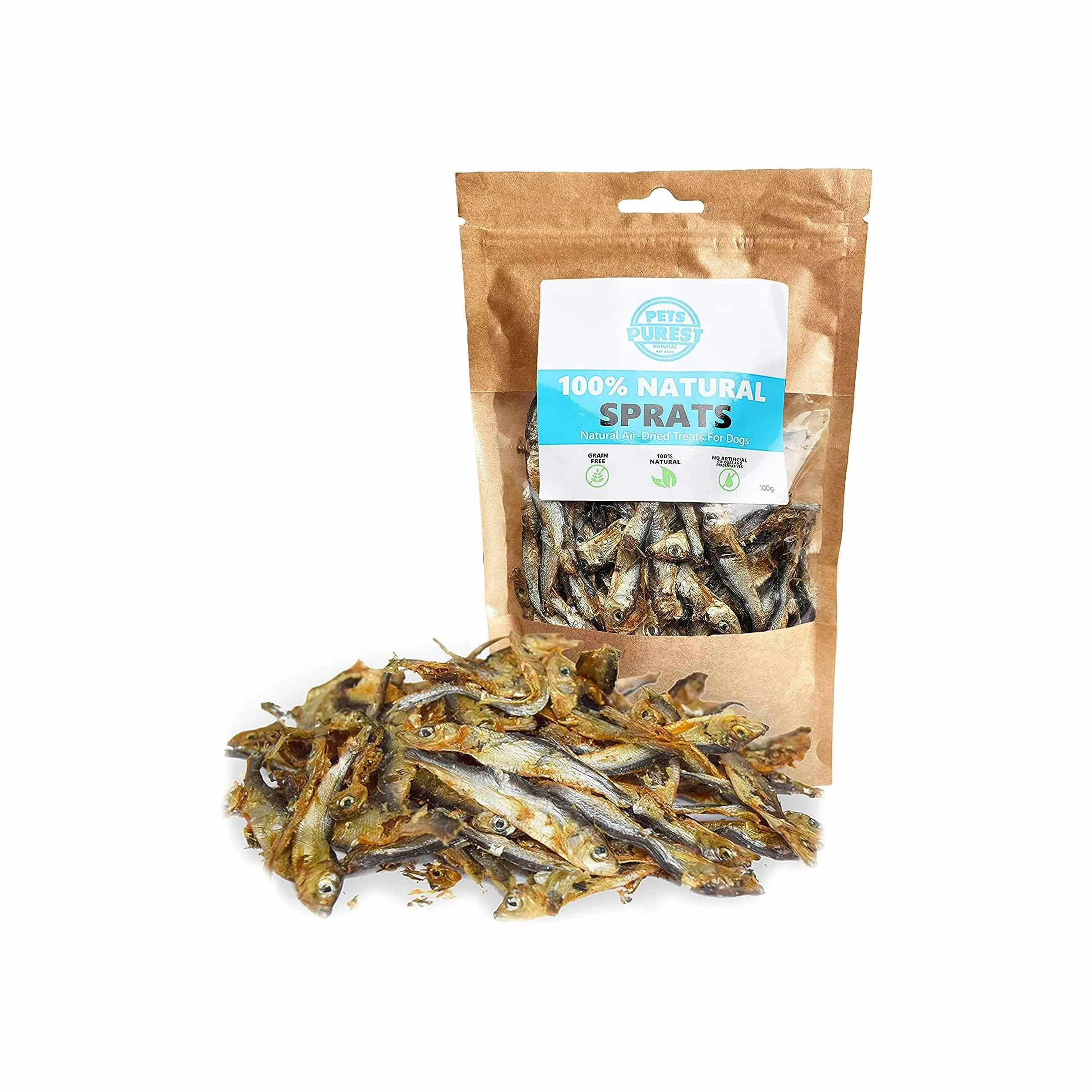 Pets Purest Snack di spratti per cani e gatti - Snack di pesce essiccato 100% naturale per cani e gatti, cuccioli e anziani - Cibo crudo ipoallergenico per animali senza glutine, cereali e lattosio