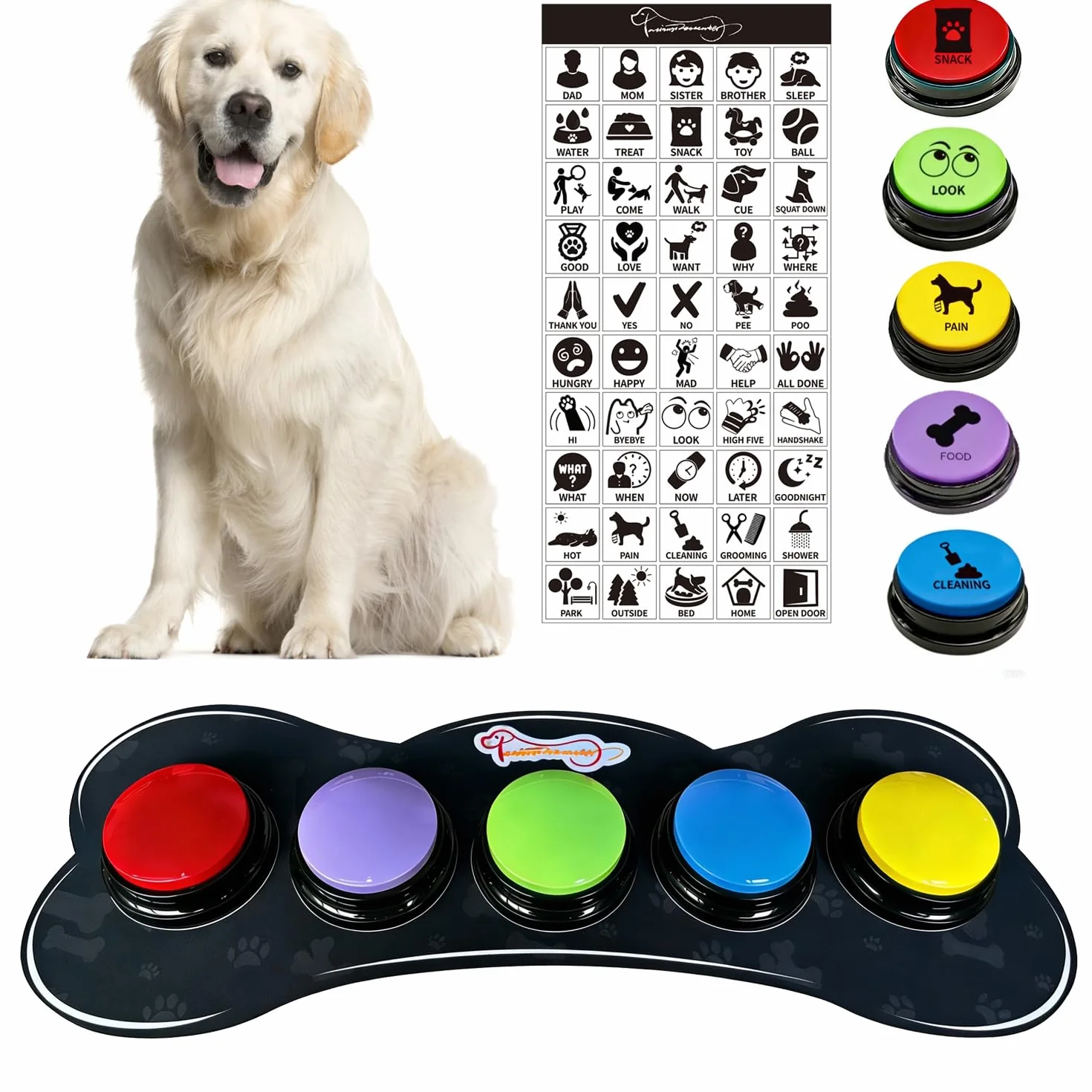 Set di 5 pulsanti per cani multicolori con tappetino in gomma per la comunicazione, tasti parlanti per cani con 50 adesivi, tasti per animali domestici, addestra il tuo cane a dire