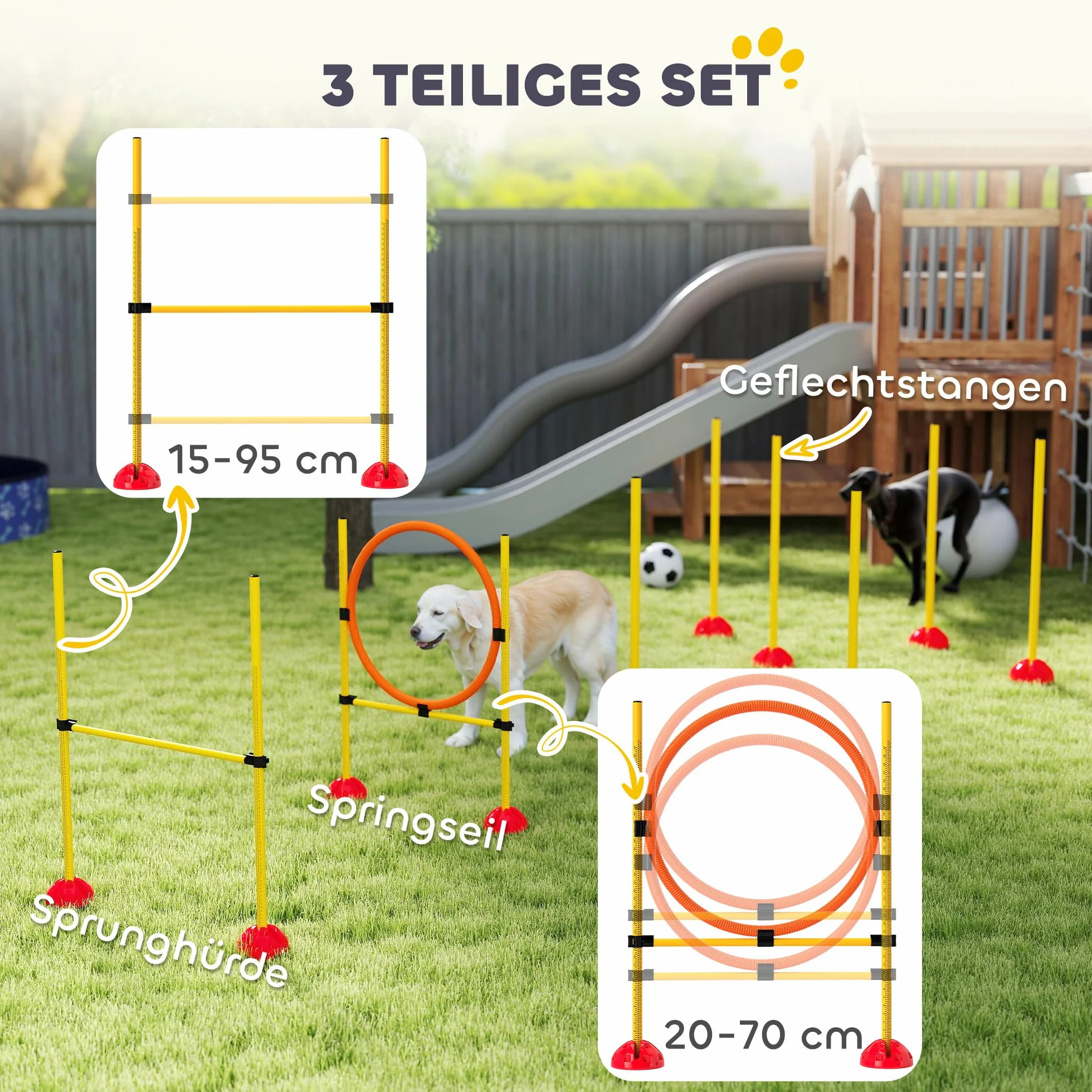 PawHut Set Agility Cani 4 pezzi riempibili per l'addestramento dei cani Set di ostacoli con pali per slalom, ostacoli regolabili in altezza, anello per il salto e la coordinazione per l'addestramento