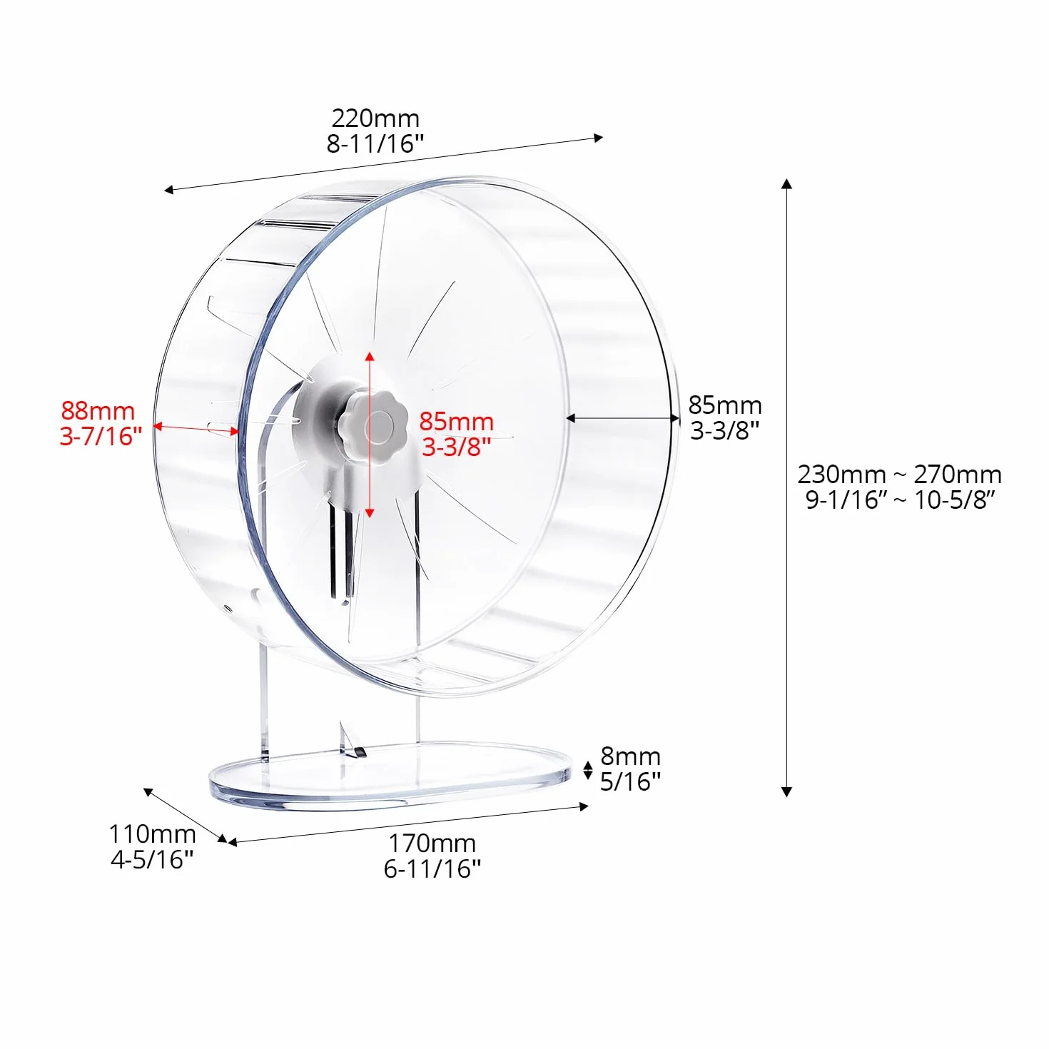 QWORK® Ruota per Criceti Silenziosa, 22 cm - Antiscivolo con Supporto Regolabile per Criceti, Topi, Gerbilli e Roditori - in Acrilico Trasparente