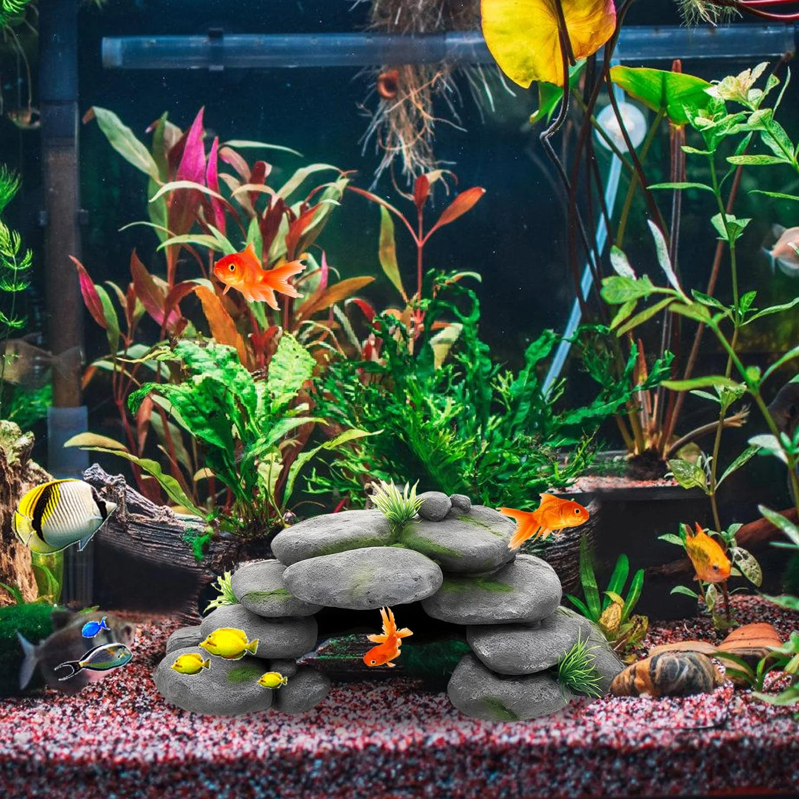 Decorazione per acquario, grotta con erba verde, decorazione per acquario, grande, decorazione per acquario, nascondiglio in resina, per tartarughe, Axolotl, gamberetti, pesci