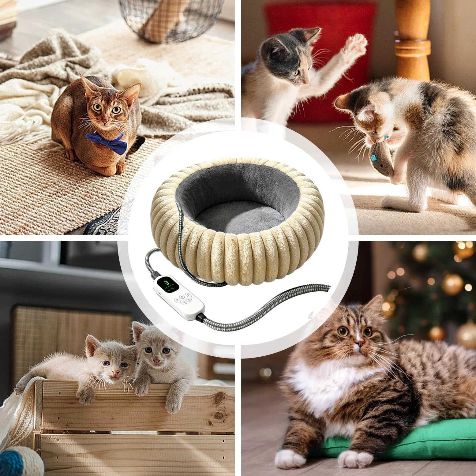 Cuccia Riscaldata Per Cani Cuscino Rotondo in Peluche con Timer e 9 Livelli | Tappetino Riscaldante Animali Interno Esterno Soggiorno Camera Ufficio Angolo Viaggio Famiglia
