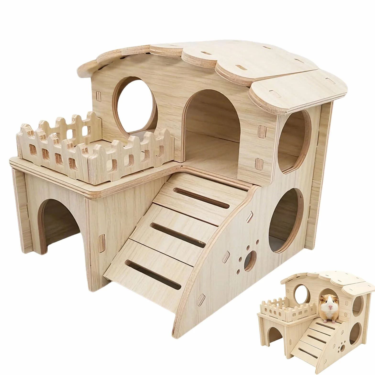 Casa di legno per criceti, casa per conigli, casa per criceti, casa per criceti con rampa, nascondiglio per animali piccoli, criceti conigli, accessori per animali domestici, criceto nano, gerbilli