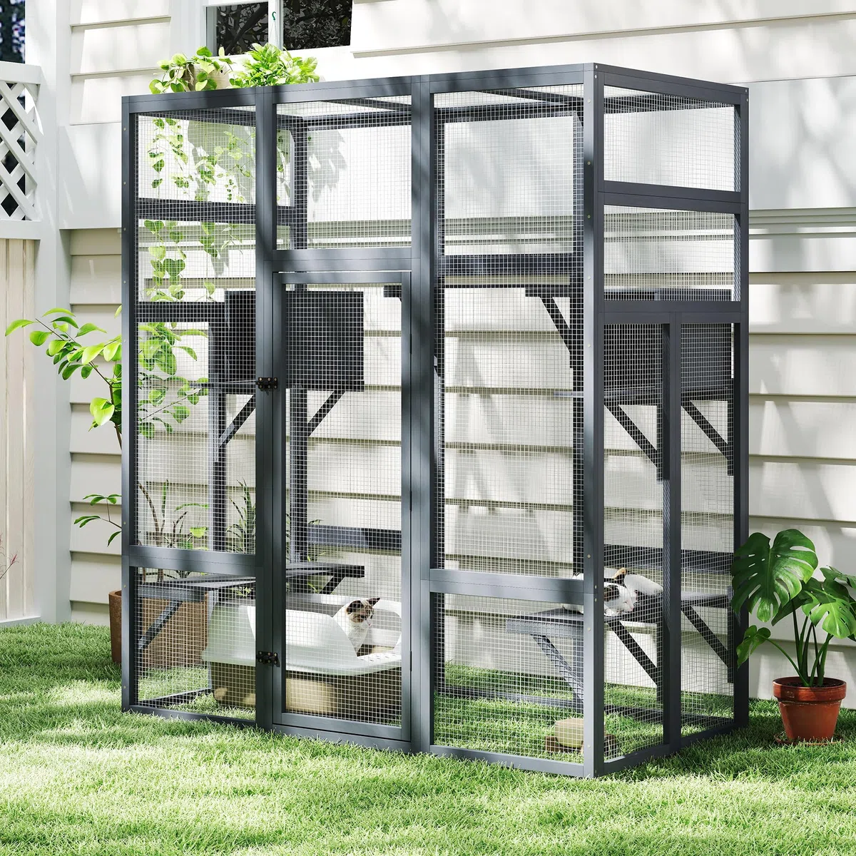Catio - Recinzione per gatti per esterni, grande recinto per gatti, 159 x 82 x 178 cm, Kitty Haus, casa per gatti con ponti, passeggiate, piccole case, copertura del tetto (grigio scuro)