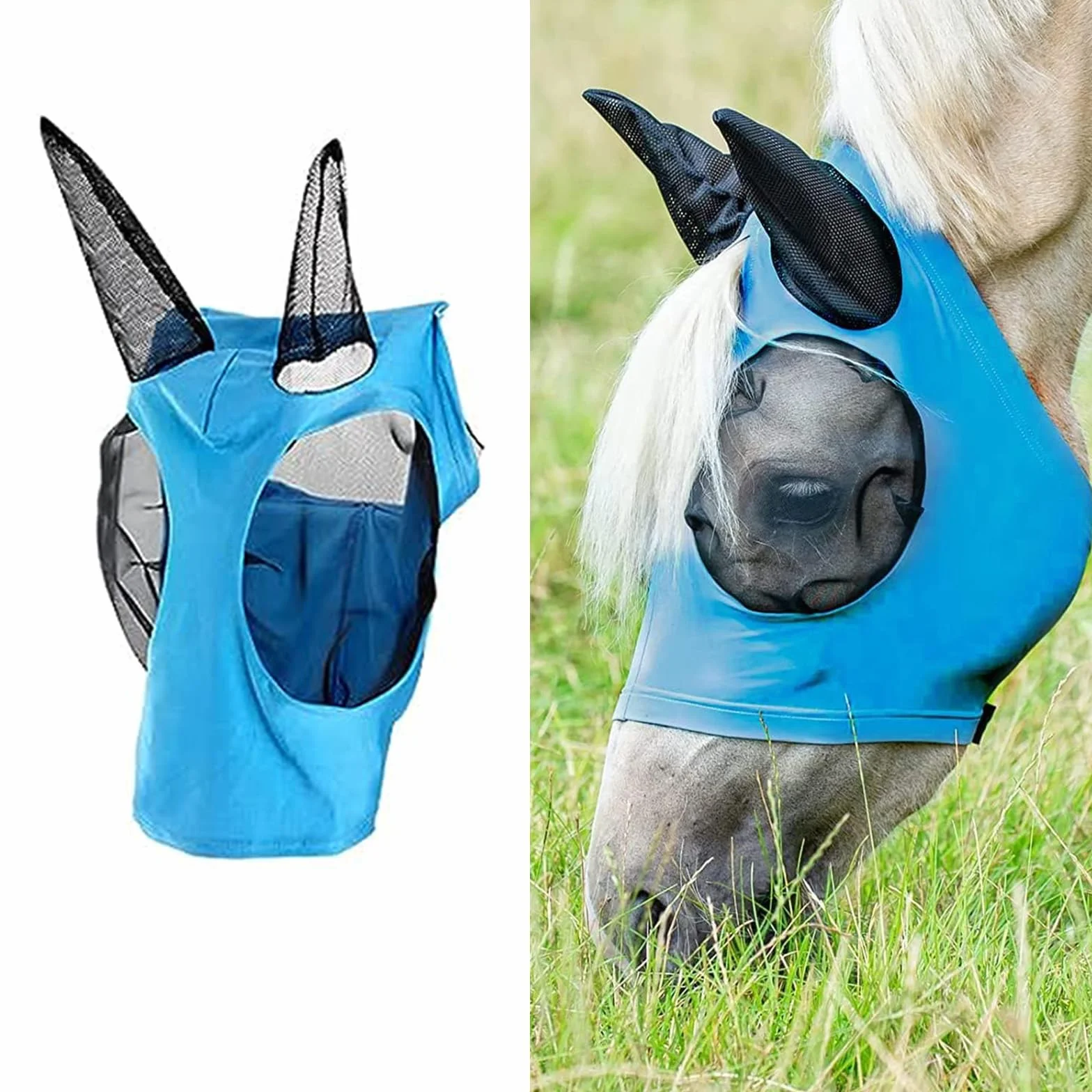 Maschera Protettiva per Cavalli Antimosche con Protezione UV e Orecchie, Naso Lungo, Liscio ed Elasticità (Blu)
