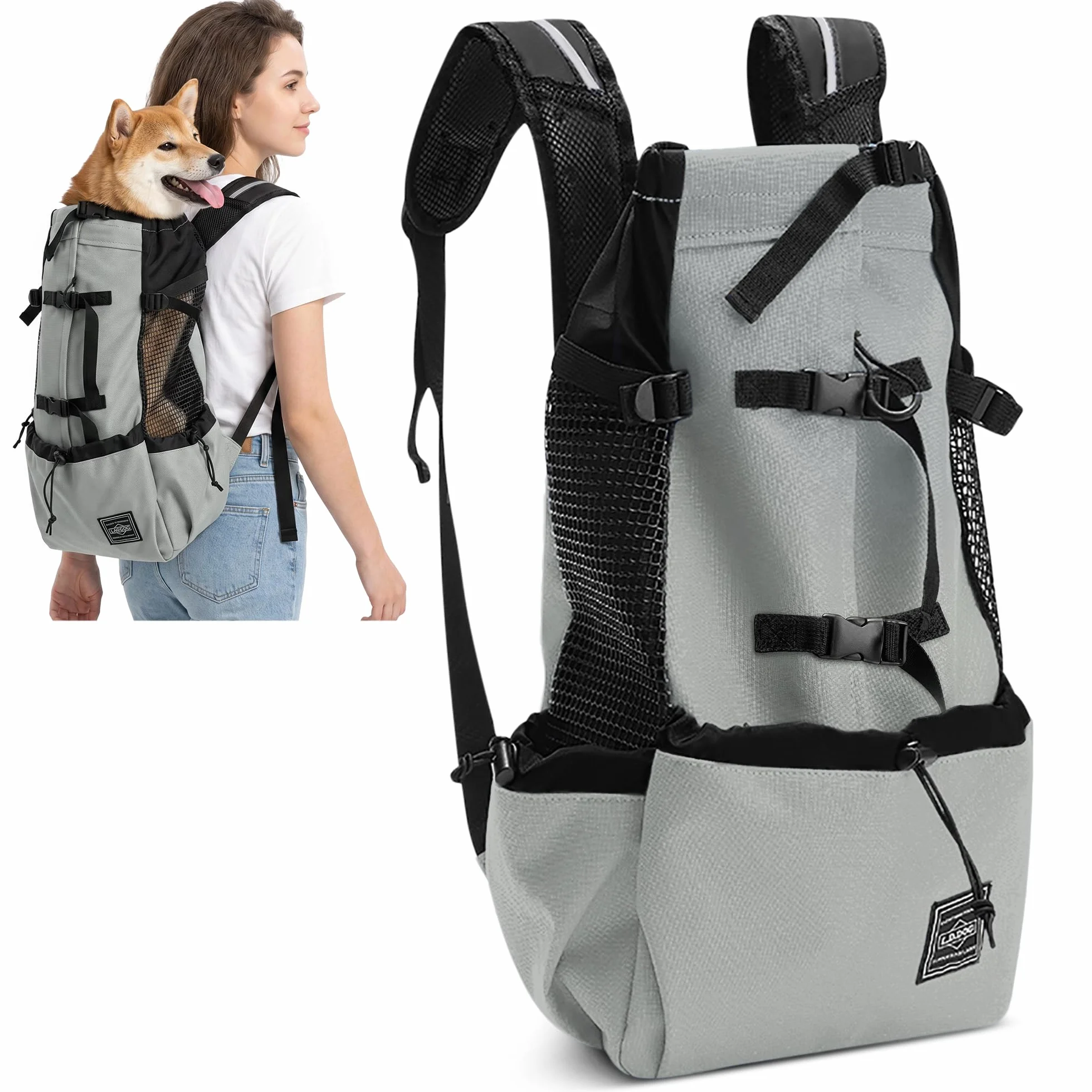ALLSOPETS Zaino per Cani Regolabile Portatile, Zaino Porta Cane Piccola Media Taglia Passeggiate Escursioni Viaggi Campeggio Grigio Salvia L