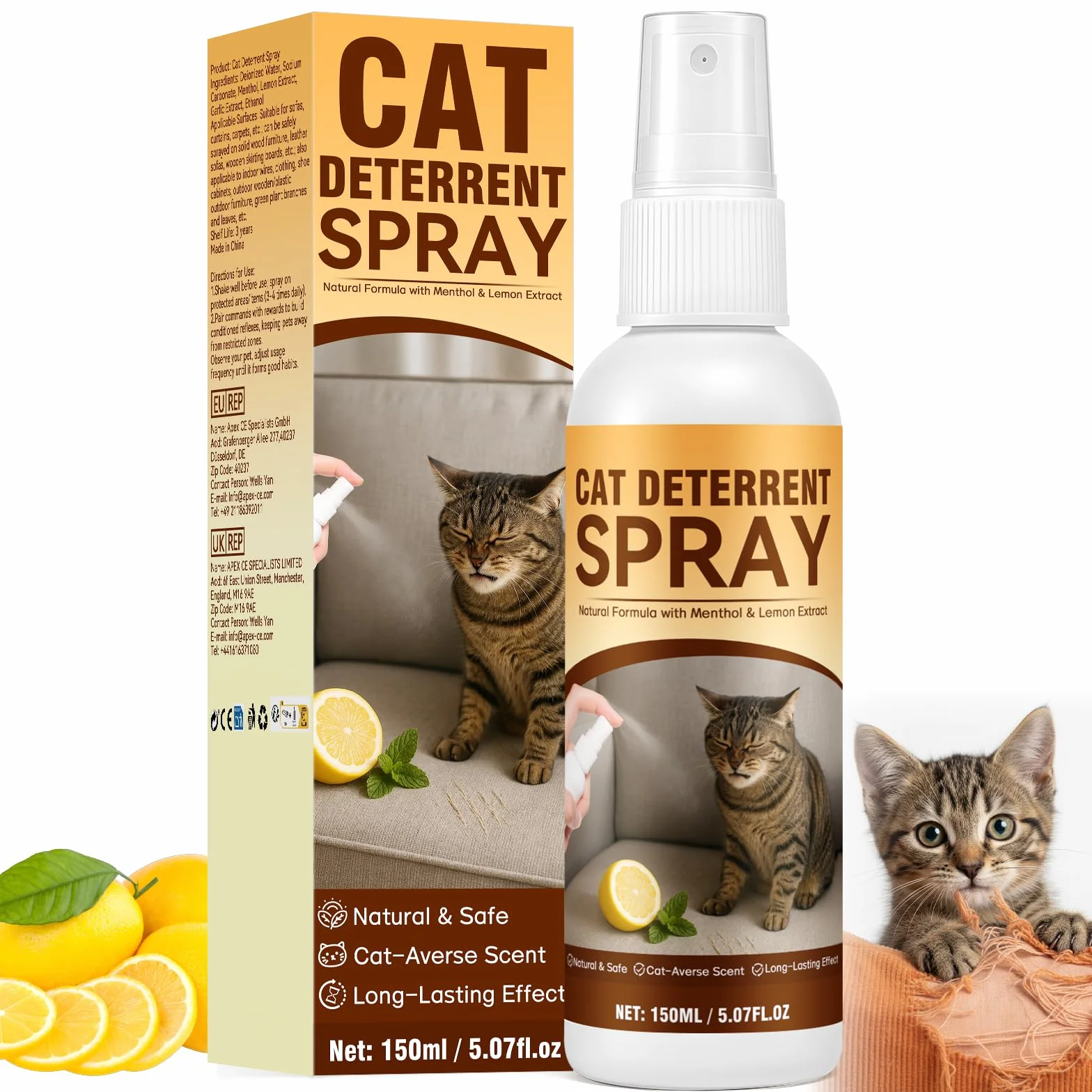 Repellente per Gatti Spray 150ml Naturale per Interni & Esterni, Protegge Divani Tappeti da Graffi
