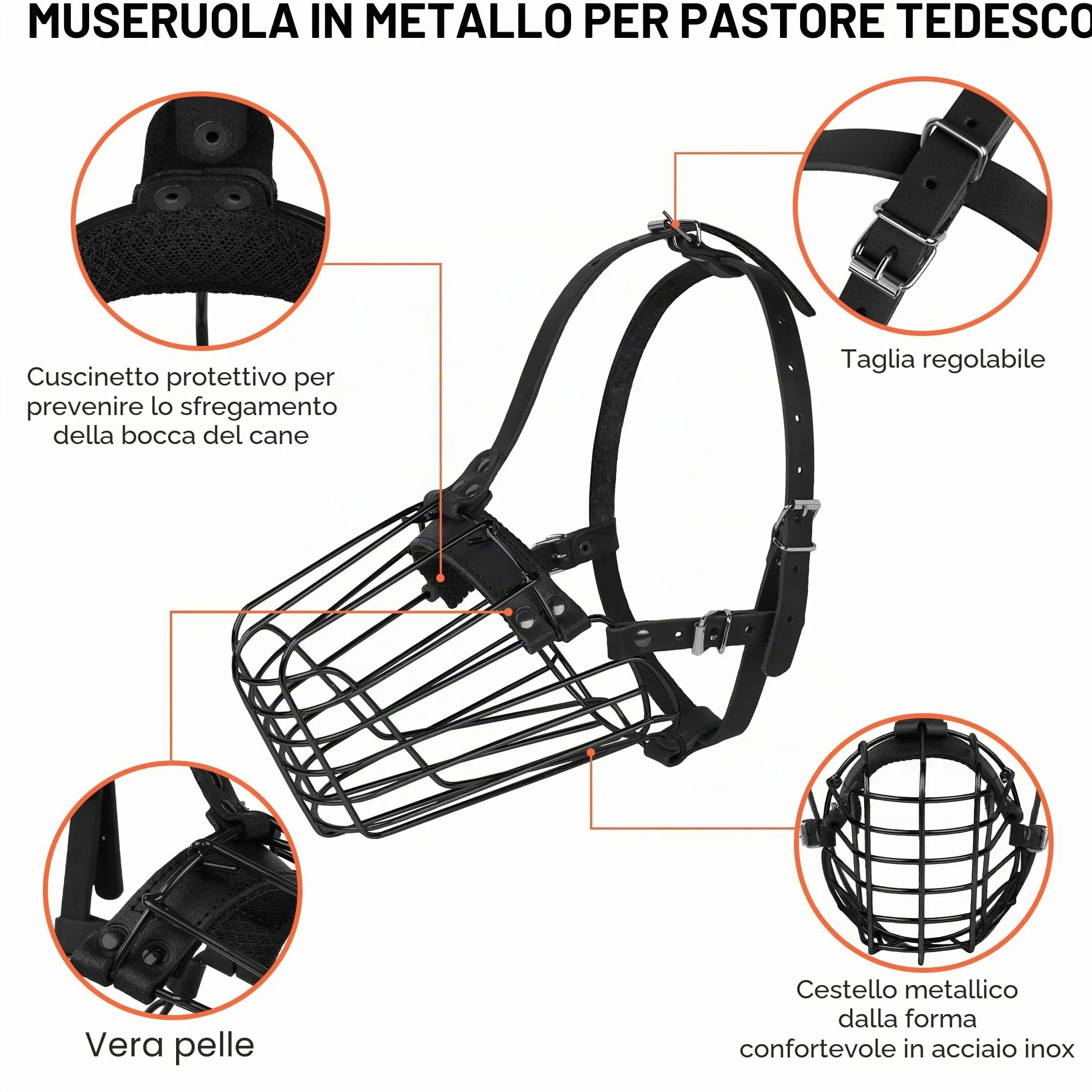 Museruola per cane pastore tedesco in metallo durevole e regolabile con cinghia in pelle, maschera sicura per la masticazione