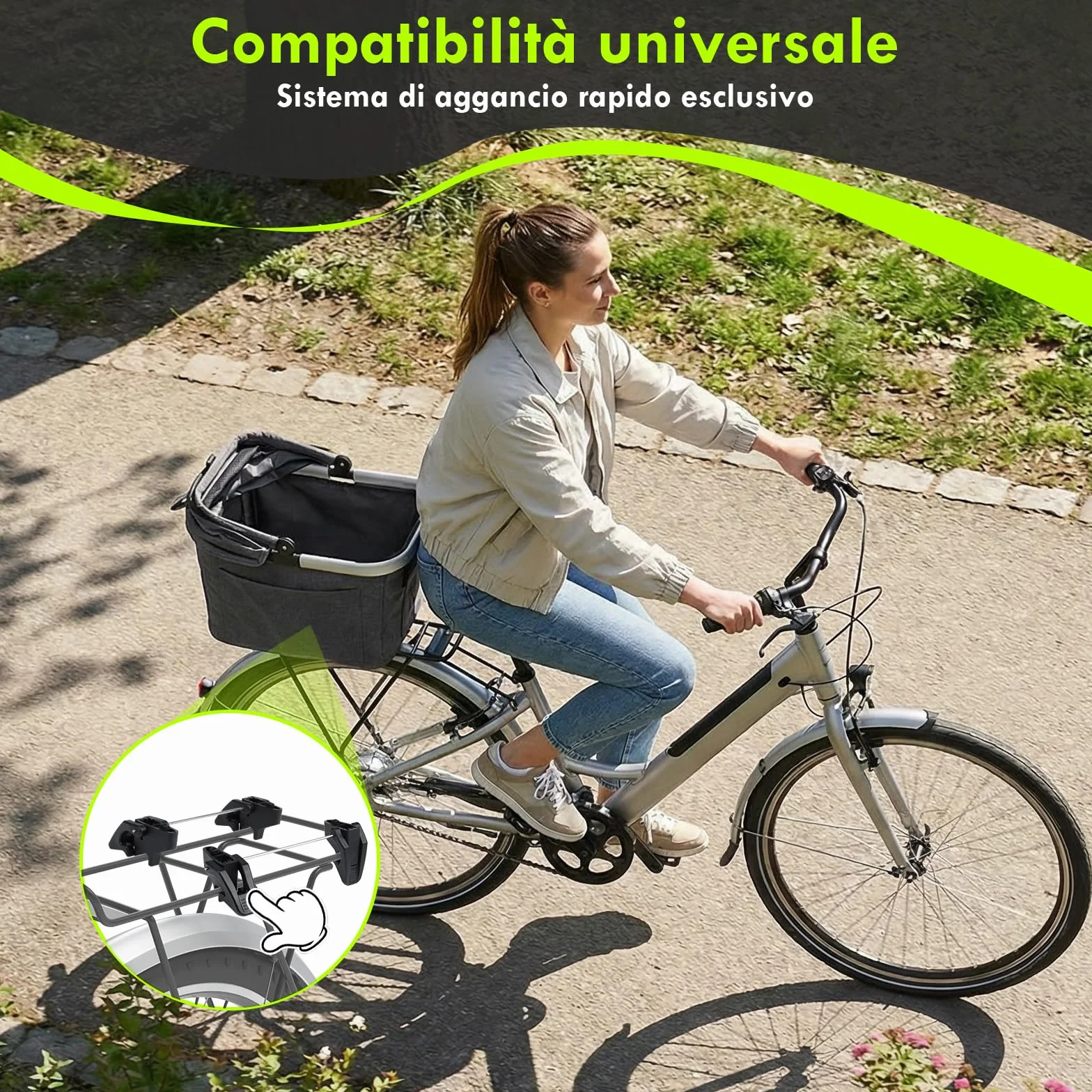 Cestino Posteriore Bicicletta Piegevole per Cani fino a 10KG, Telaio in Metallo, Piastra in PE, Montaggio Rapido per Ø 9-12mm, Finestra a Rete, Cuscinetto Morbido, Bande Riflettenti